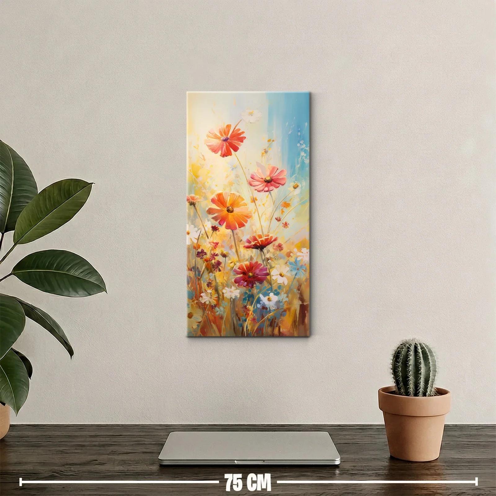 Cuadro cosmos rosados y naranjas en fondo luminoso — miniatura 2
