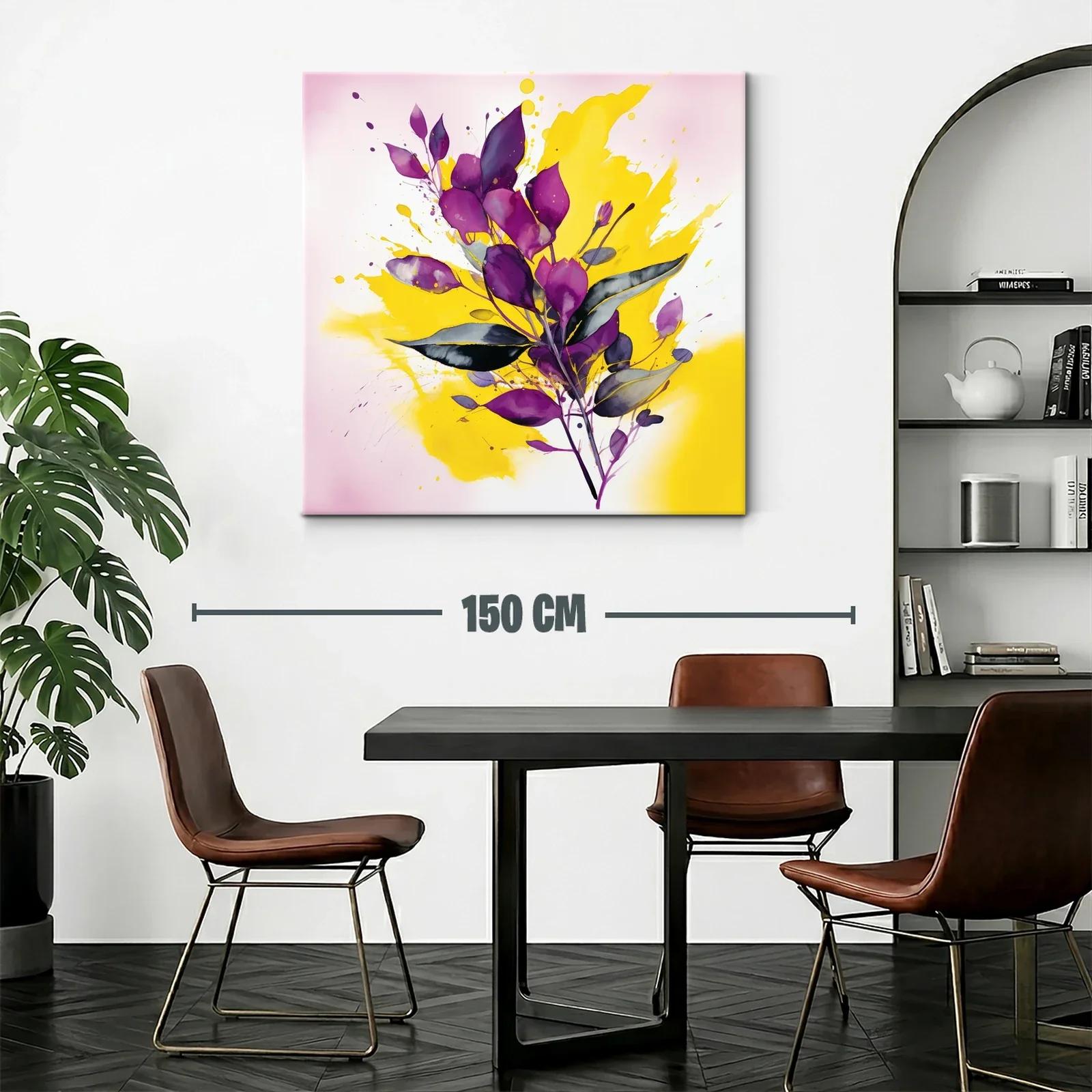Cuadro moderno con hojas moradas y fondo amarillo vibrante — miniatura 2