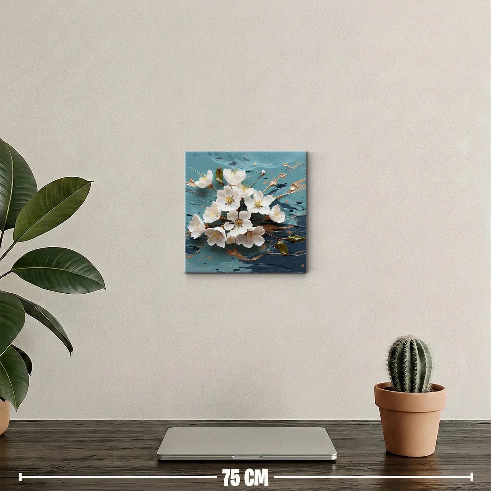 Cuadro decorativo flores blancas con fondo azul y dorado — miniatura 2