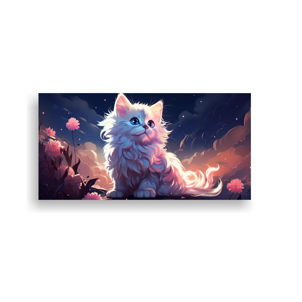 Cuadro gatito blanco de pelo largo con cielo fantástico