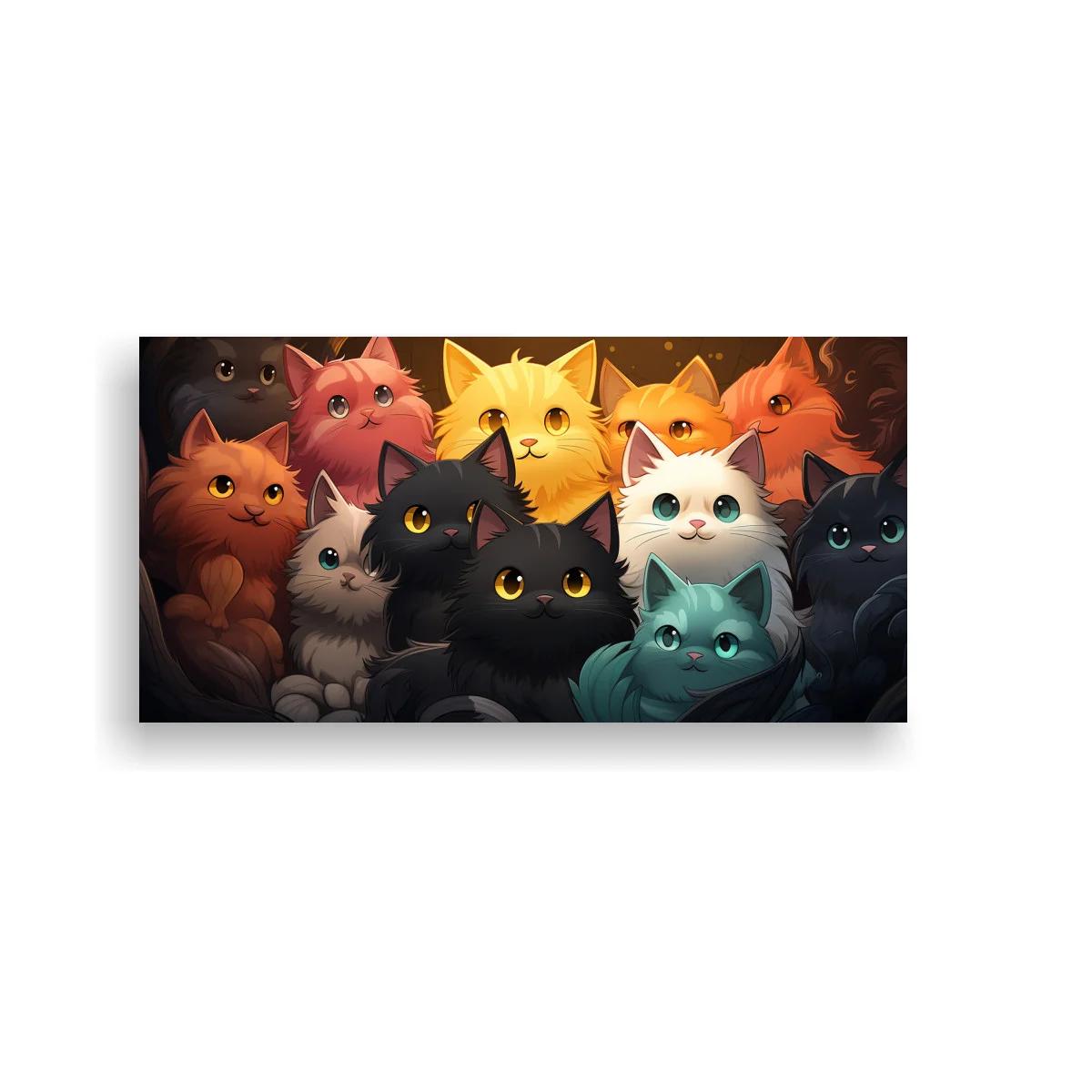 Cuadro grupo de gatos apiñados con ojos grandes y fondo oscuro