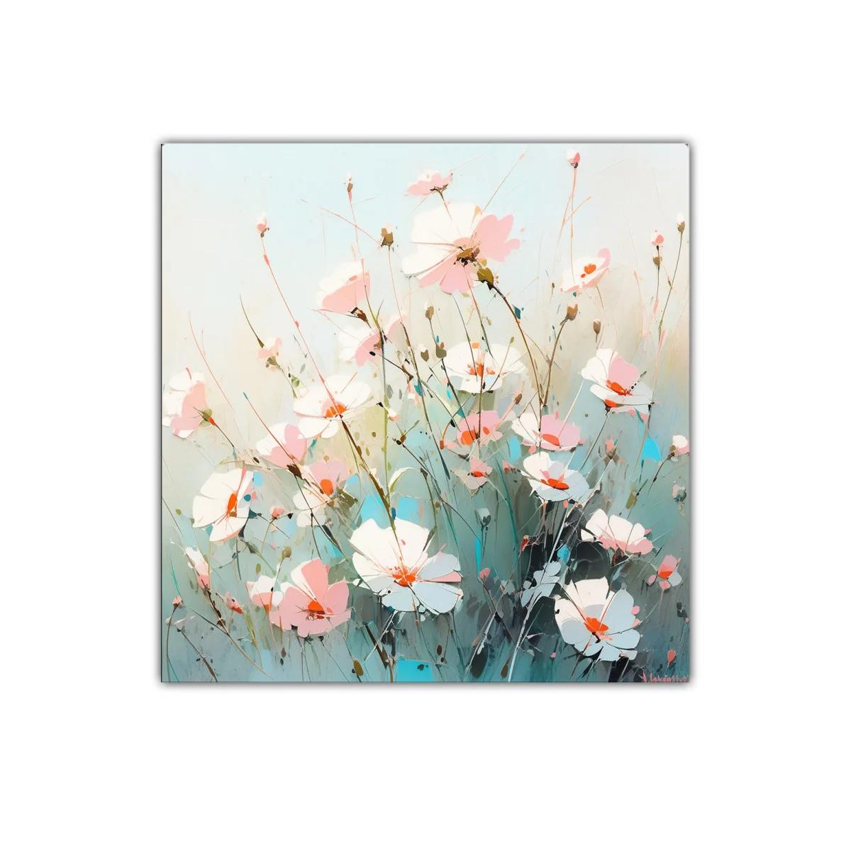 Cuadro con flores delicadas en tonos pastel y azul