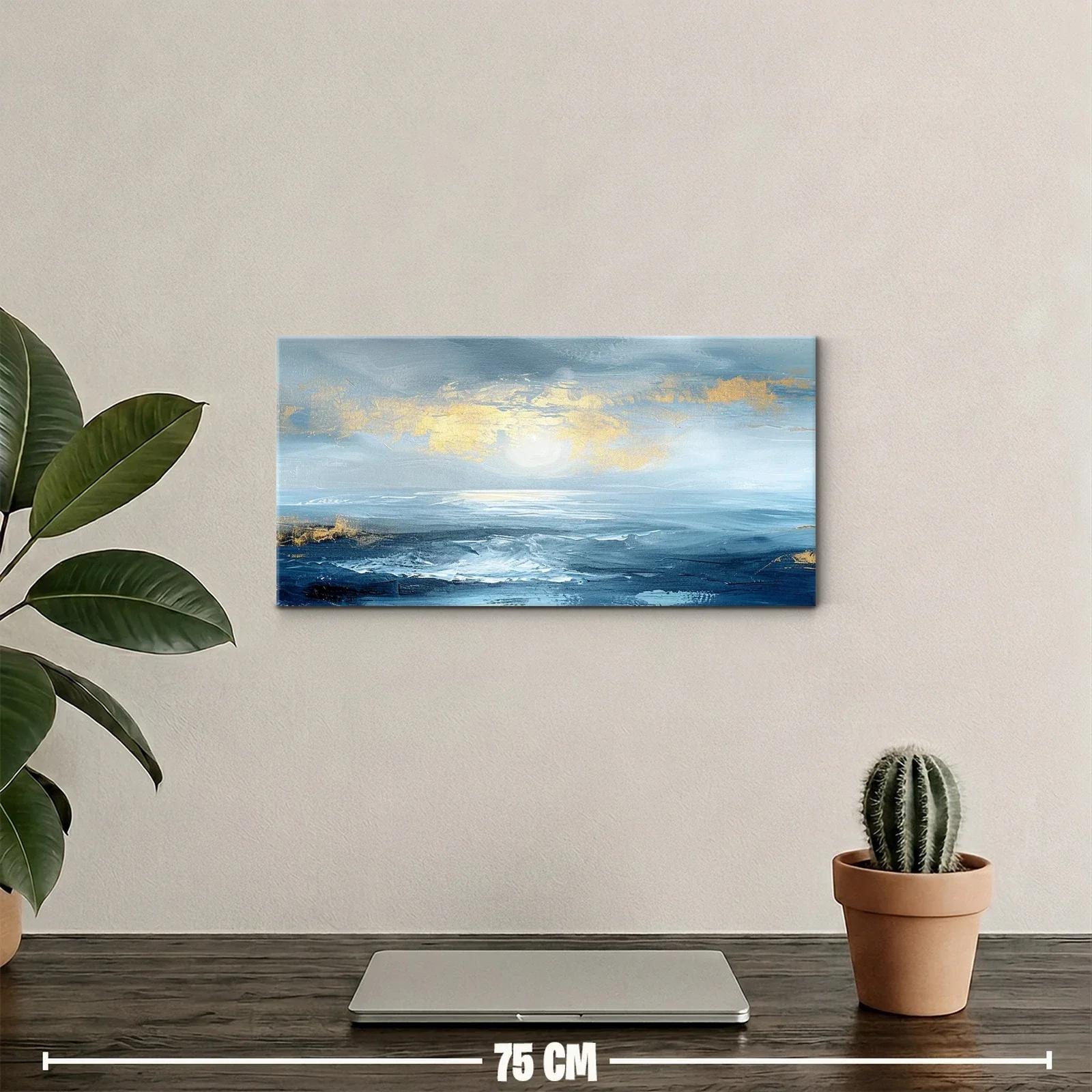 Cuadro mar agitado con cielo luminoso y toques dorados — miniatura 2