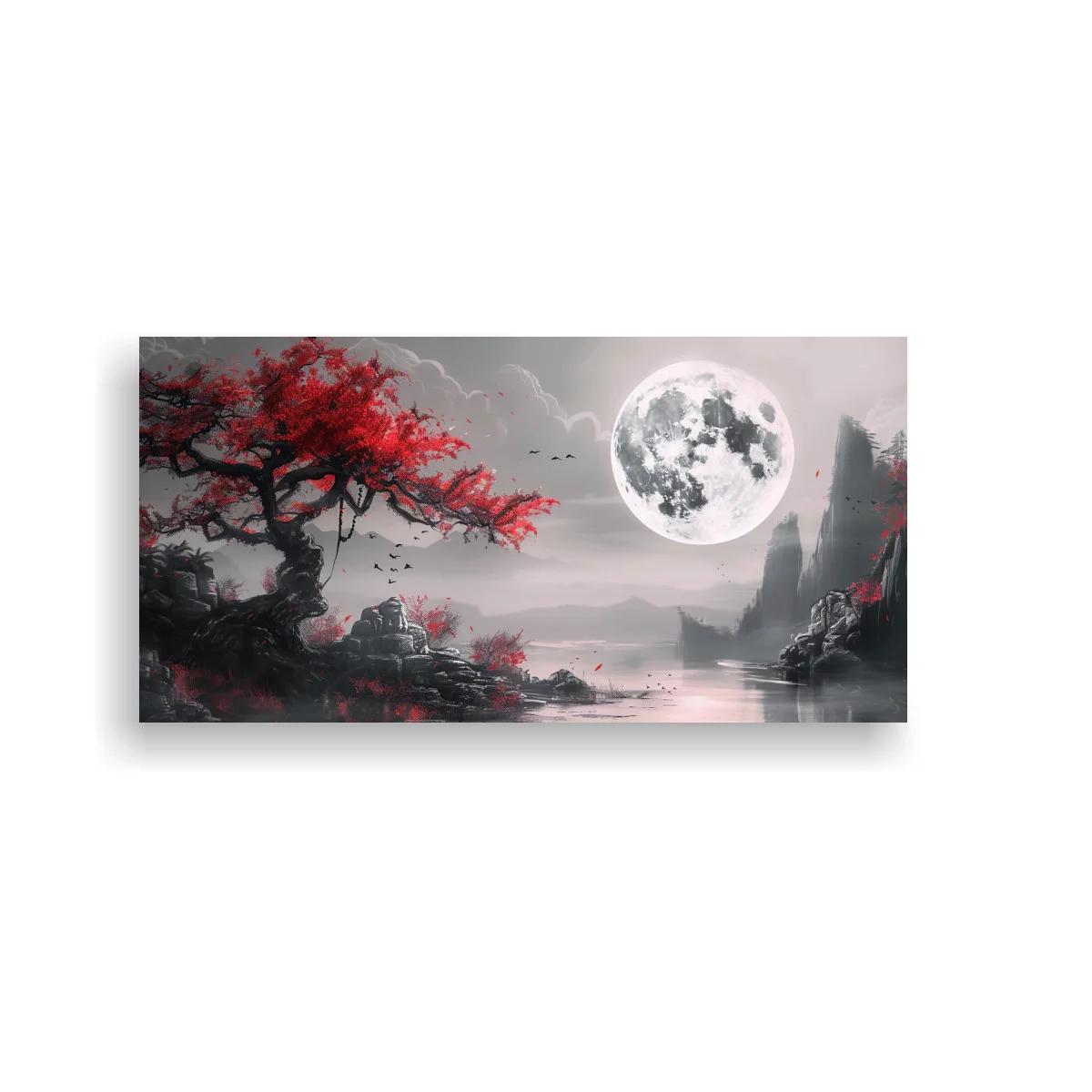 Cuadro árbol de flores rojas junto a un lago con luna grande