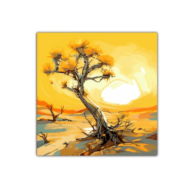 Árbol solitario en paisaje desértico iluminado al atardecer