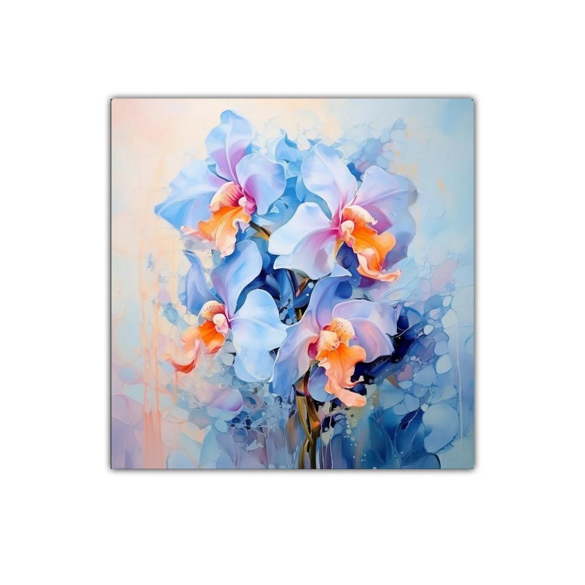 Cuadro decorativo con flores en tonos pastel azules y naranjas