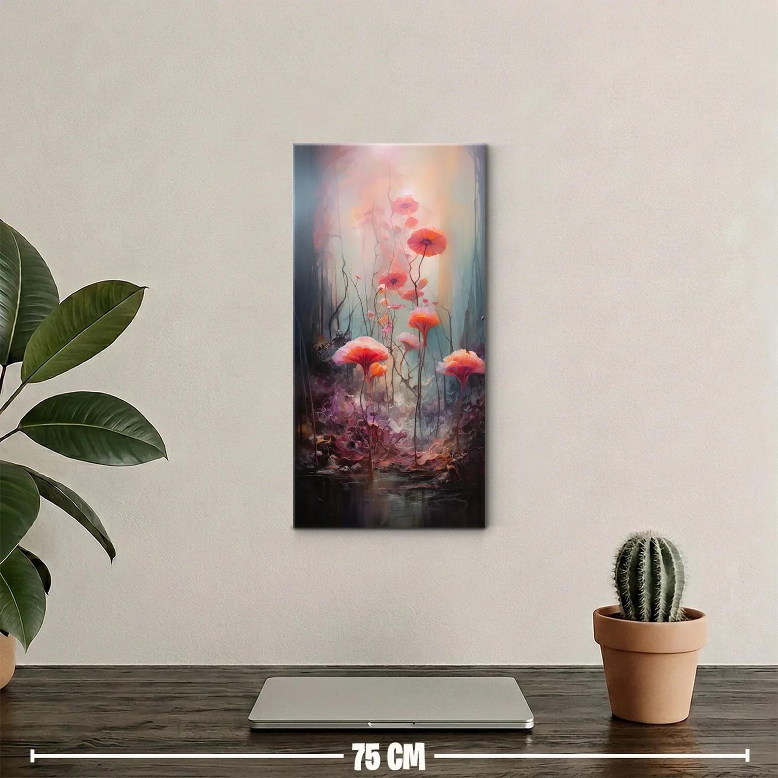 Cuadro amapolas coral en suelo oscuro y brumoso — miniatura 2