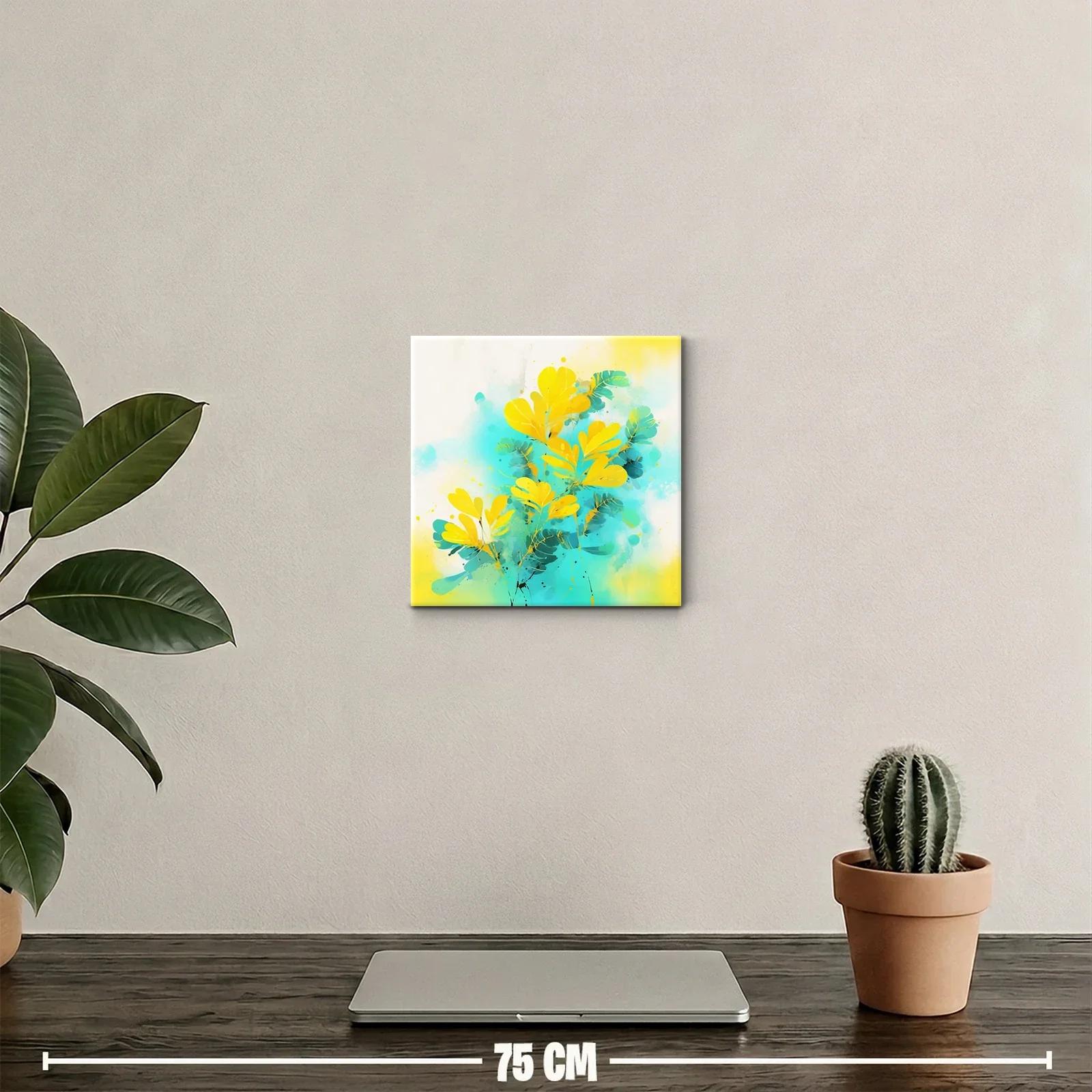 Cuadro decorativo con motivos florales en tonos amarillos y turquesa — miniatura 2