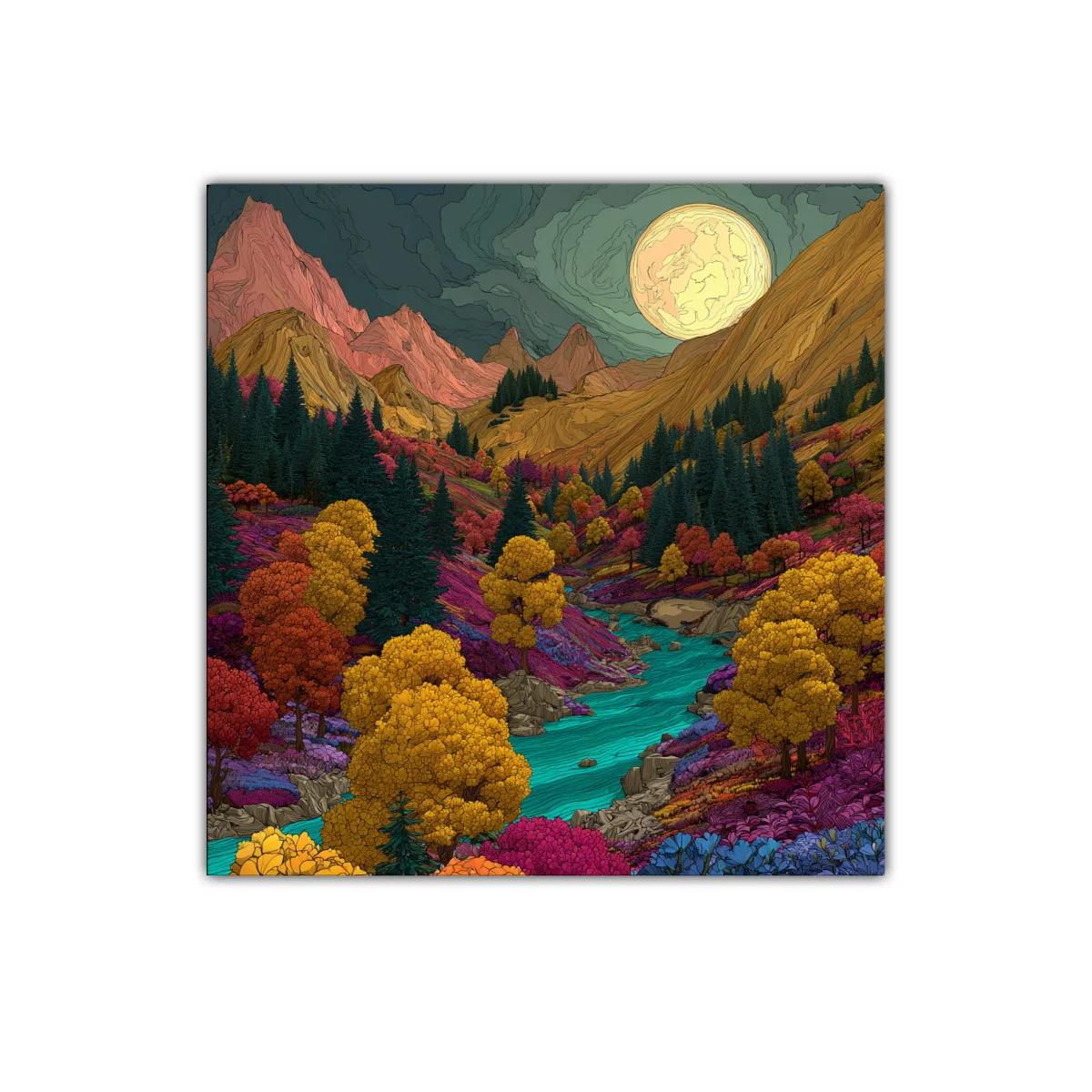 Paisaje vibrante de montaña con río bajo luna llena — imagen principal