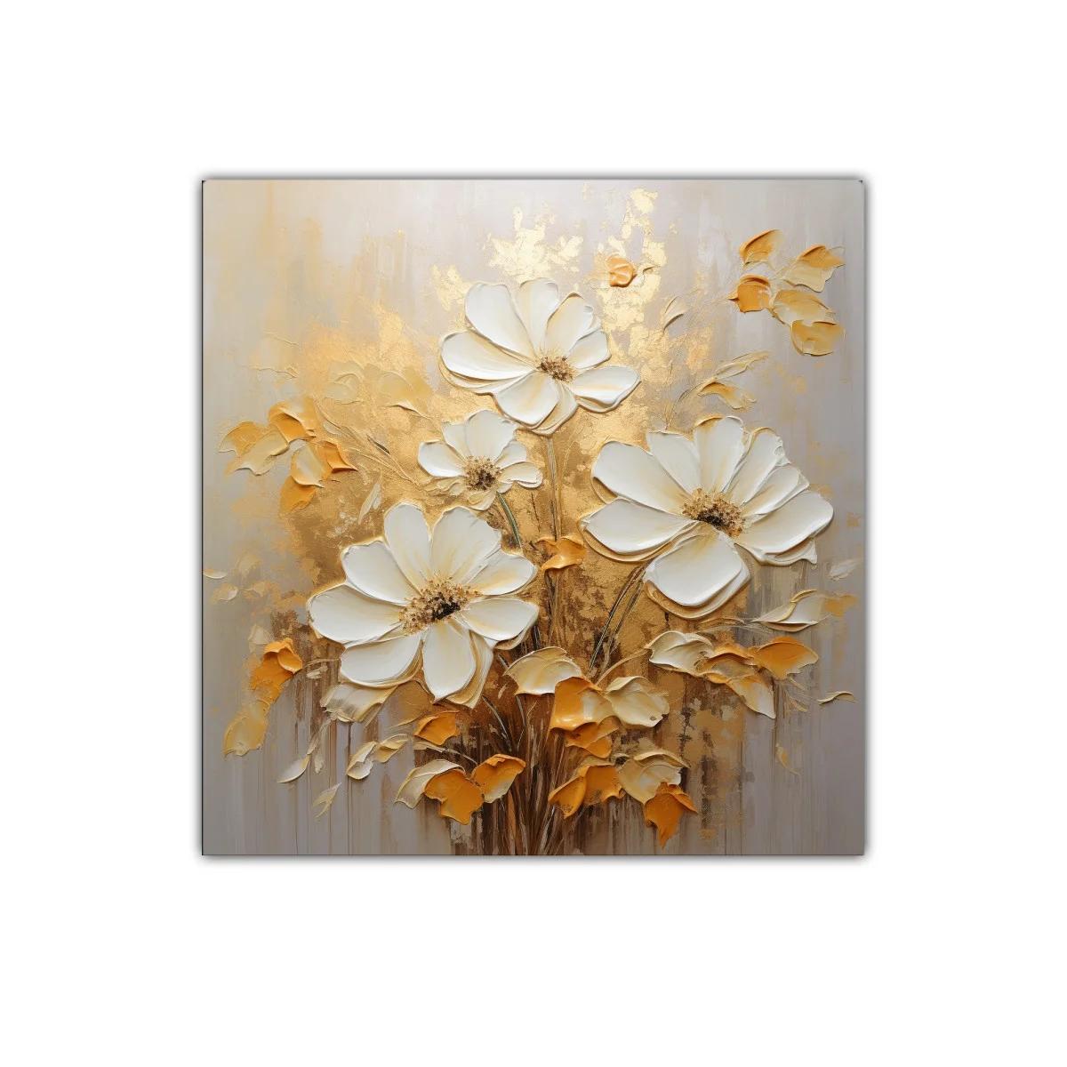 Cuadro decorativo flores blancas y doradas con textura elegante — imagen principal