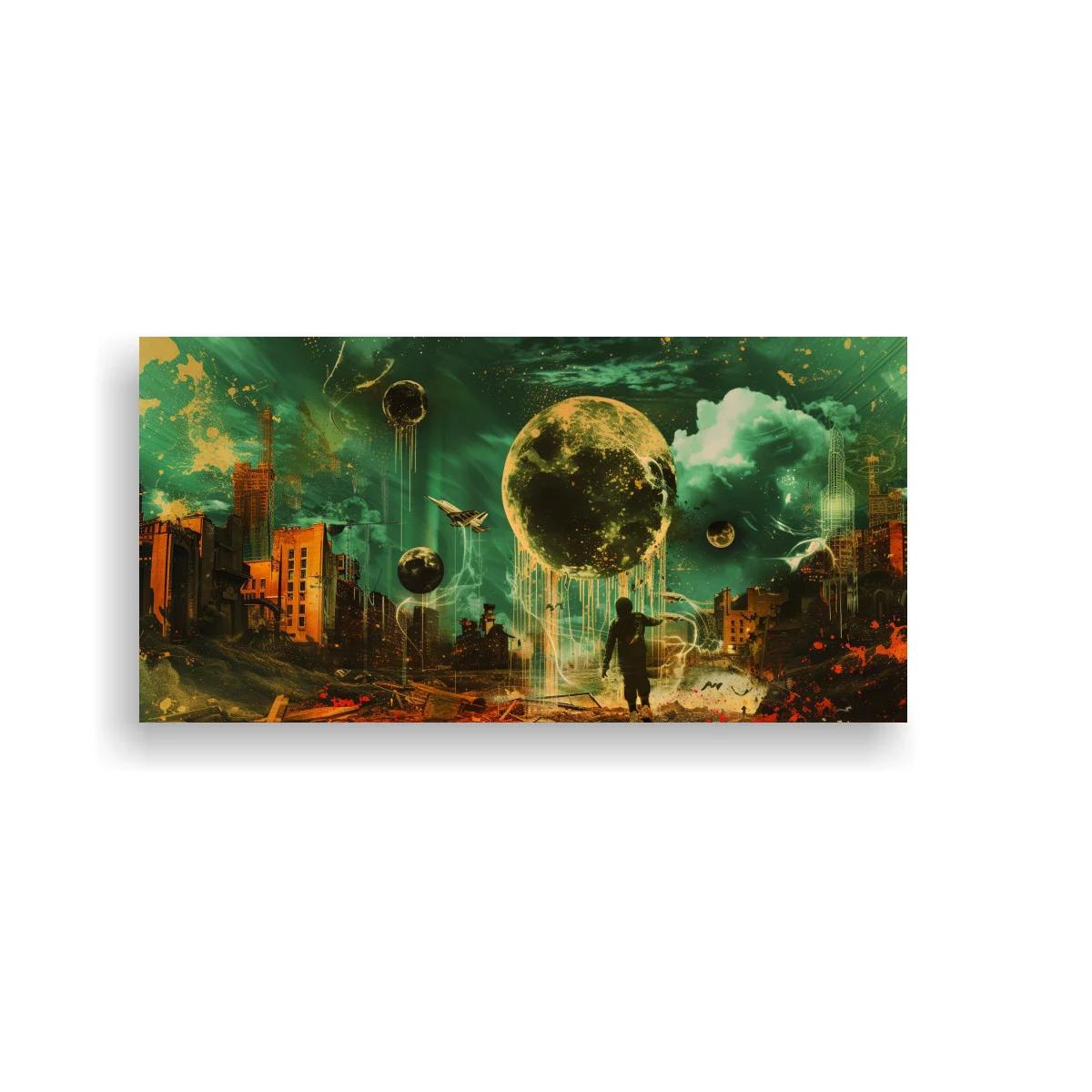 Cuadro planetas sobre una ciudad en ruinas con figura solitaria