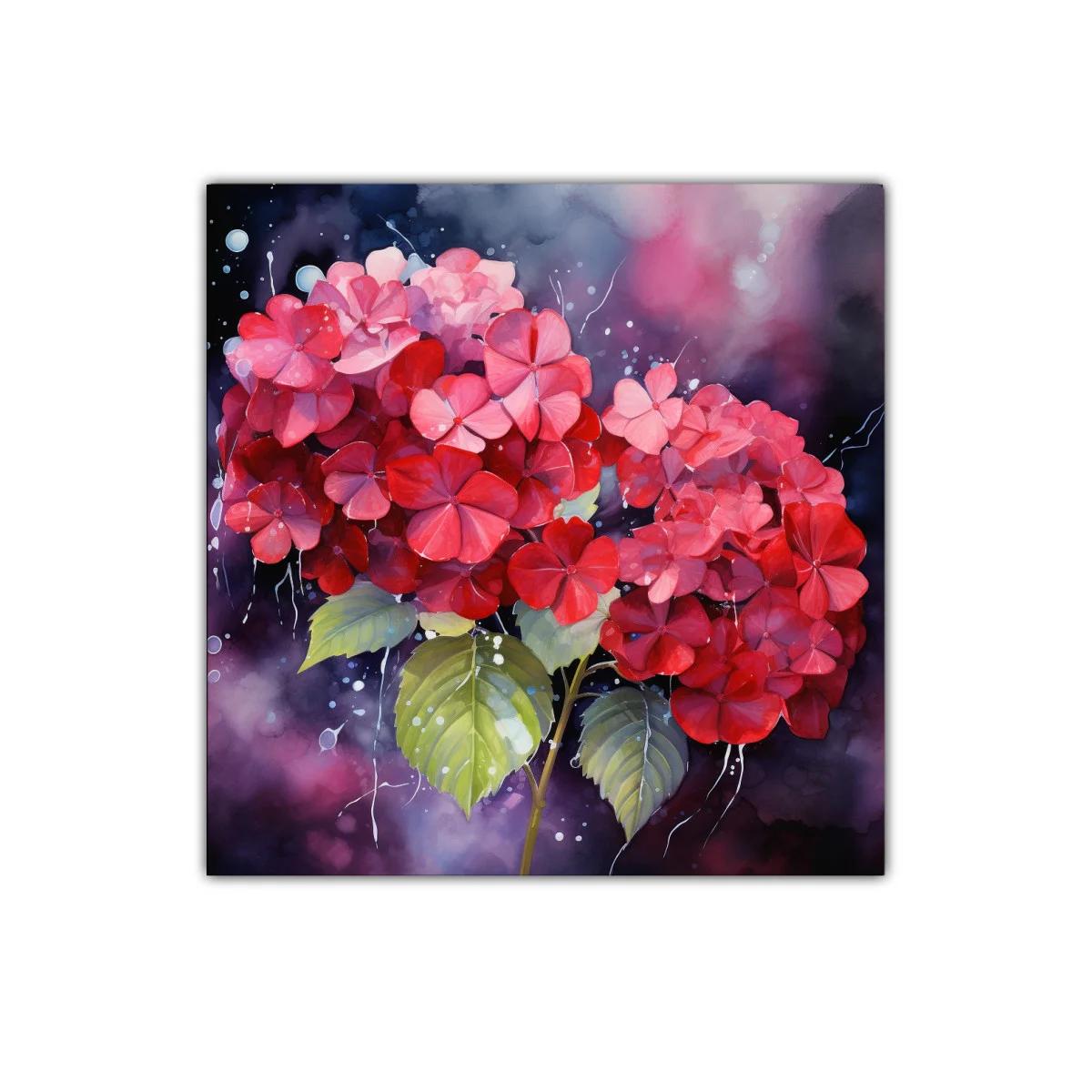 Vibrante cuadro con hortensias en tonos rojos y rosas — imagen principal