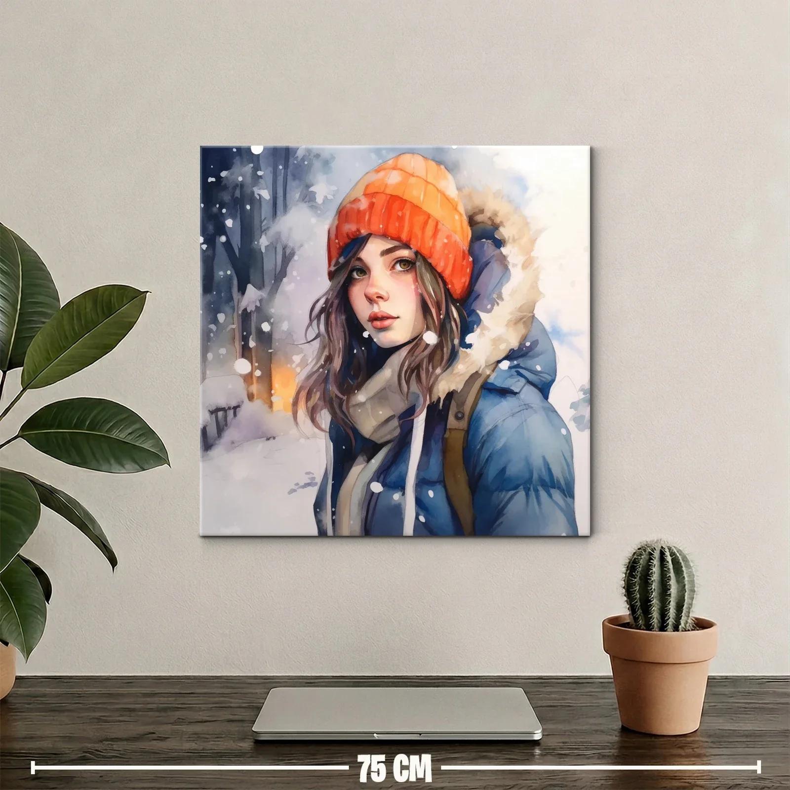 Retrato femenino invernal con gorro naranja y abrigo azul — miniatura 2
