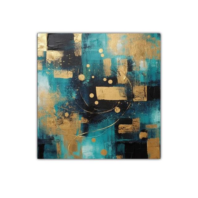 Cuadro abstracto con tonos azul turquesa y dorado
