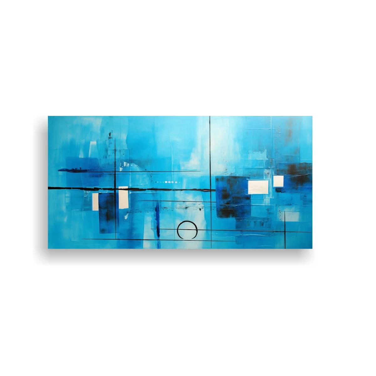 Cuadro abstracto geométrico azul con rectángulos y acentos claros