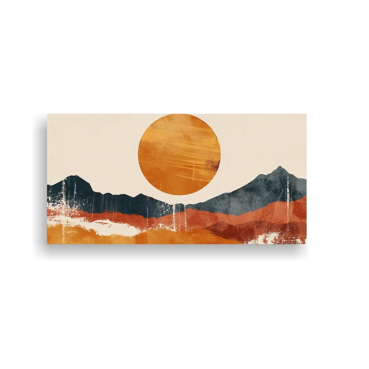 Cuadro paisaje de montañas con sol naranja y capas terracota