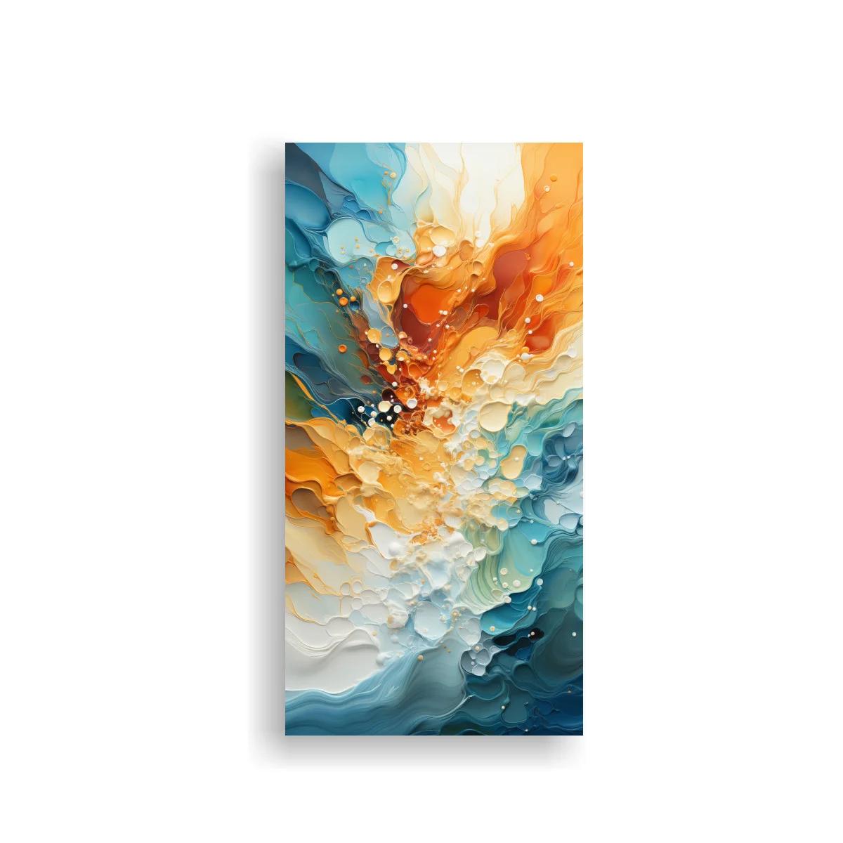 Cuadro abstracción fluida en azul y naranja con burbujas