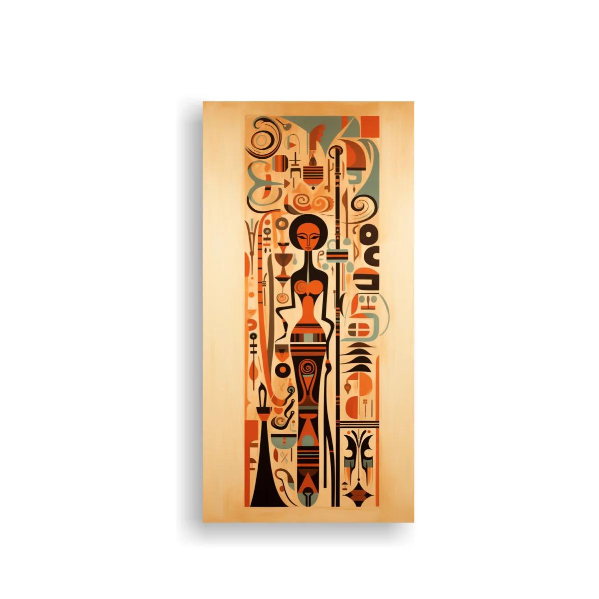 Cuadro figura tribal alargada con símbolos geométricos