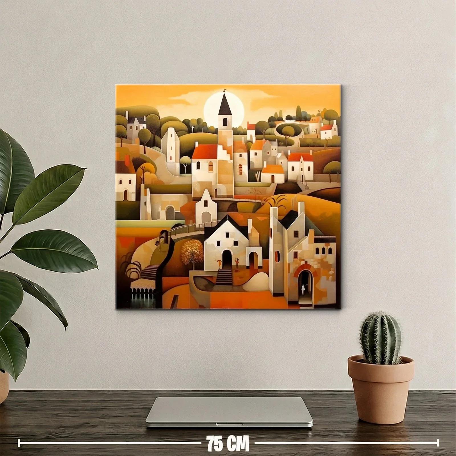 Paisaje urbano con casas y campanario al atardecer — miniatura 2