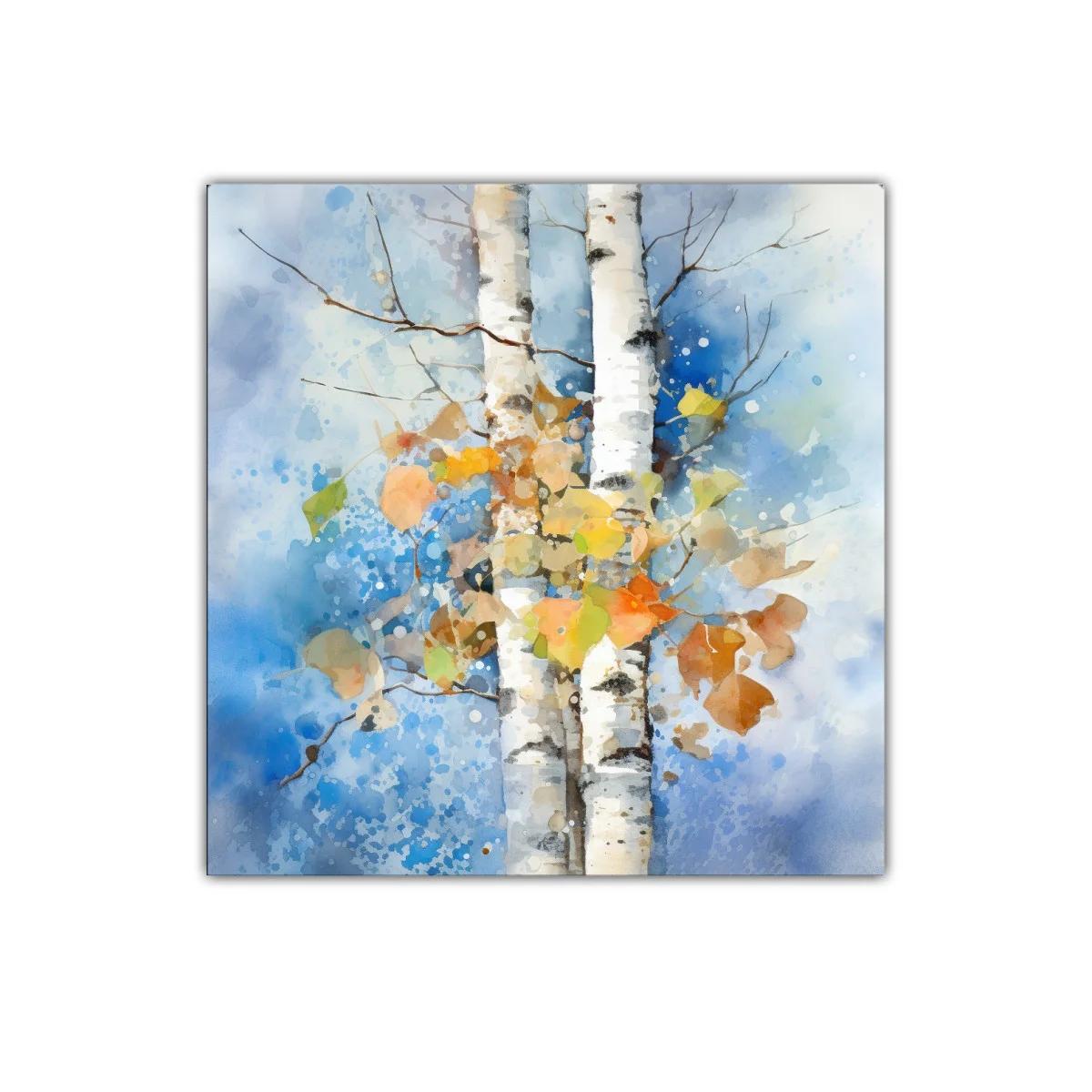 Troncos de abedul con hojas otoñales en fondo azul — imagen principal