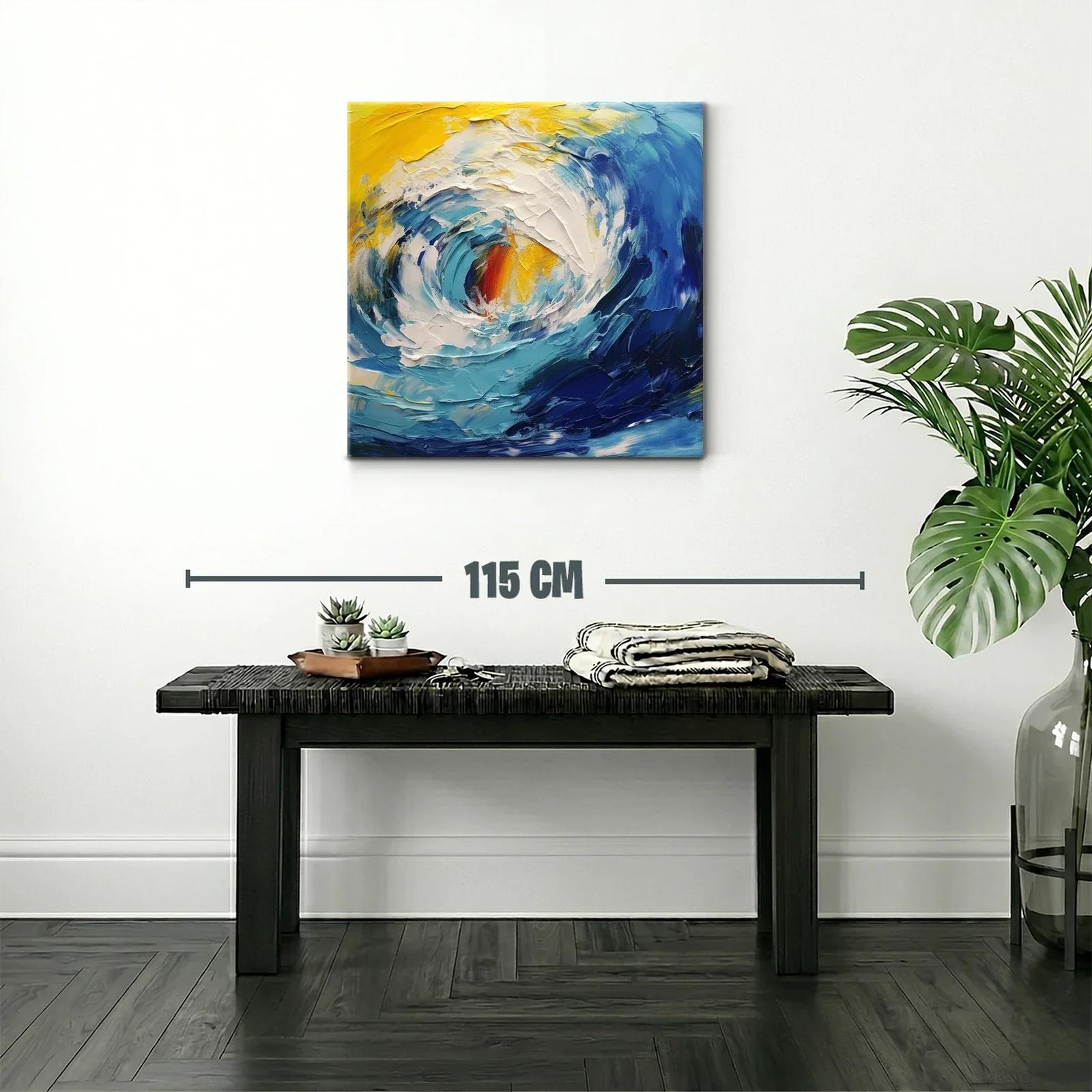 Cuadro abstracto de oleaje dinámico en tonos azul y amarillo — miniatura 2