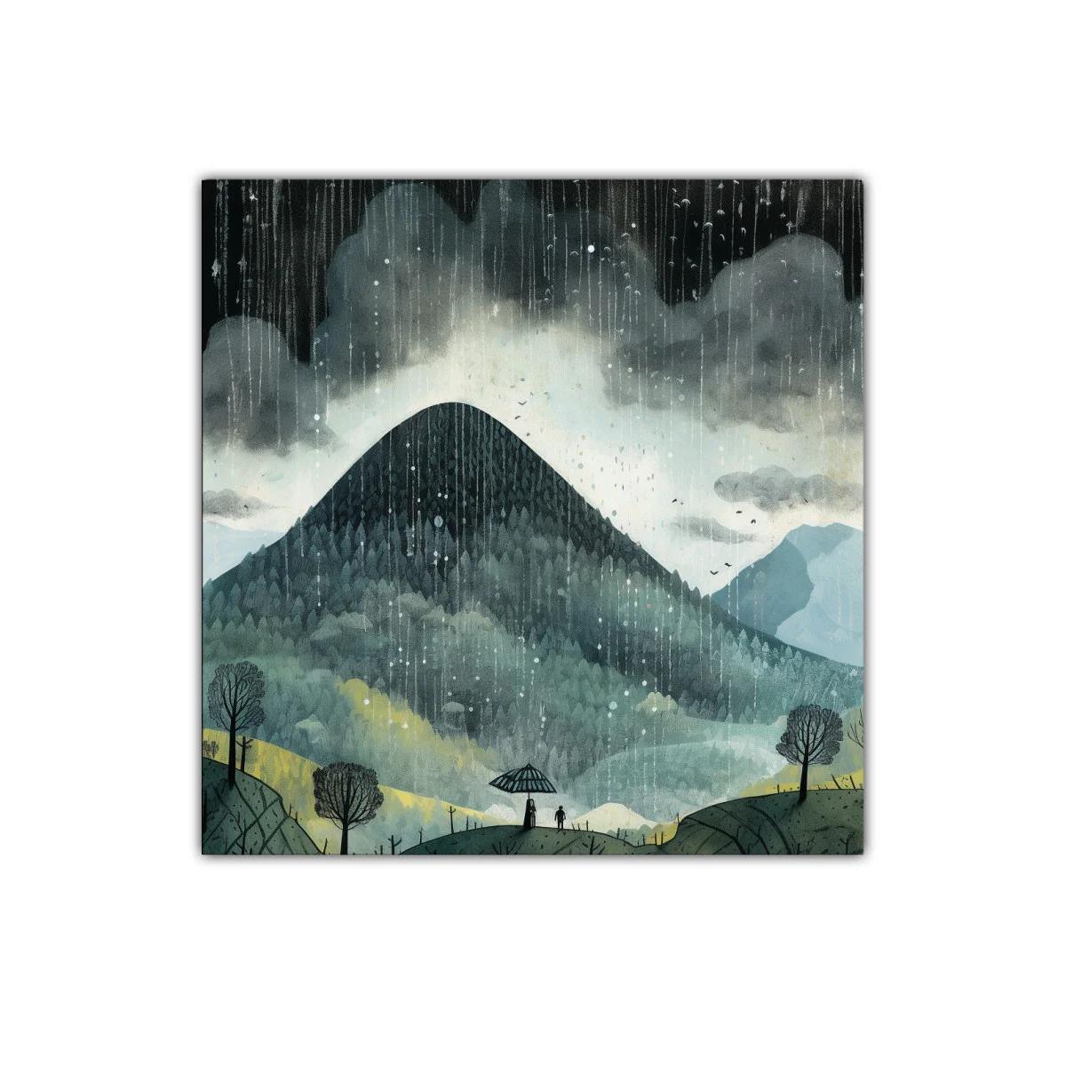 Paisaje de montaña bajo lluvia con siluetas y paraguas