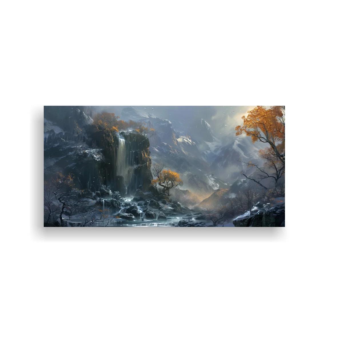 Cuadro cascada de montaña rodeada de niebla y árboles dispersos