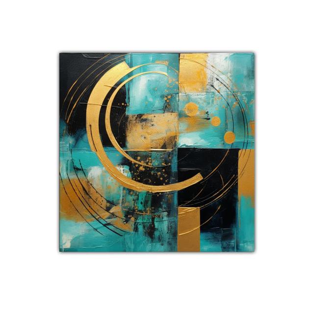 Cuadro abstracto con círculos dorados sobre fondo turquesa y negro