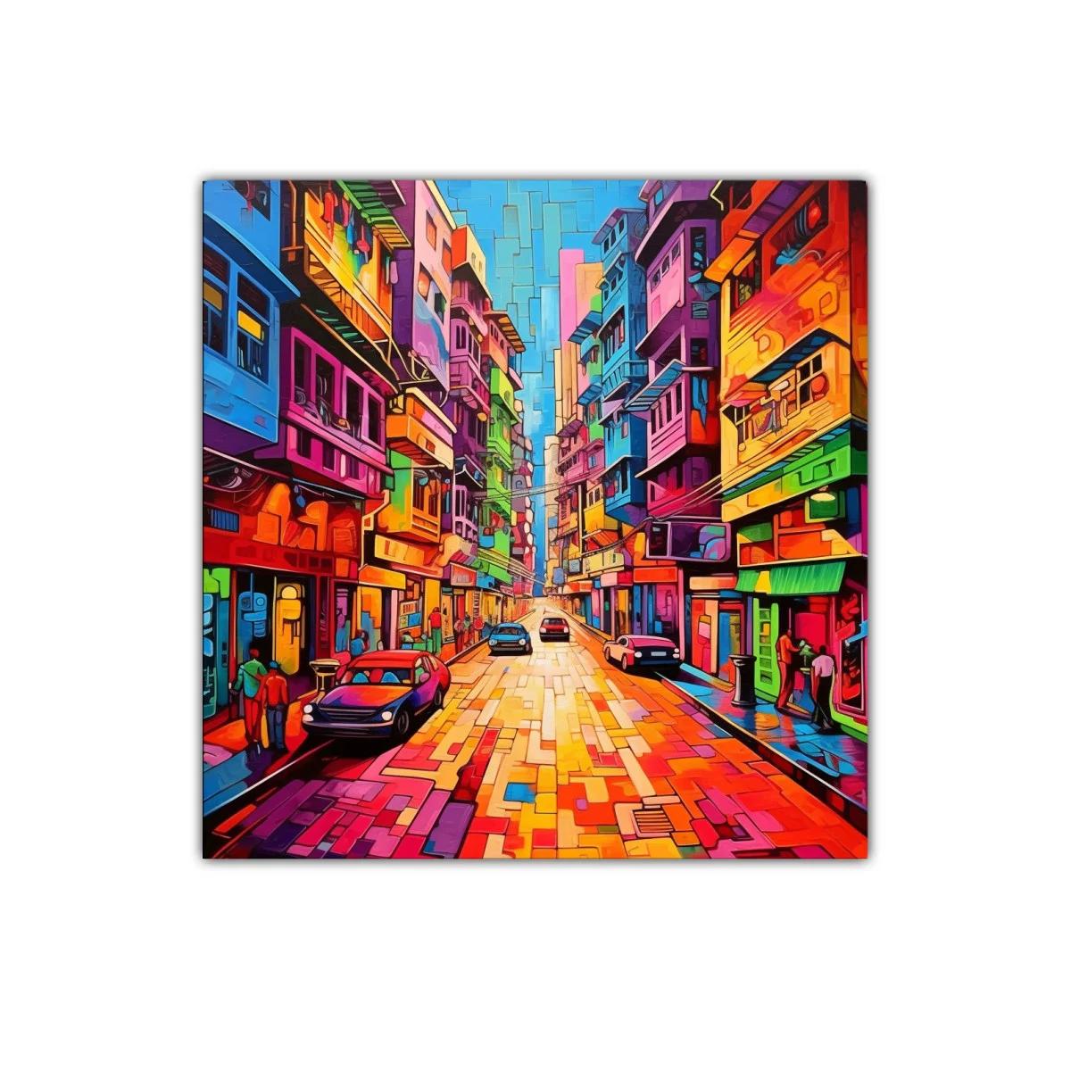 Ciudad vibrante con edificios coloridos y coches en movimiento