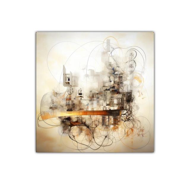 Cuadro abstracto con tonos cálidos y detalles arquitectónicos