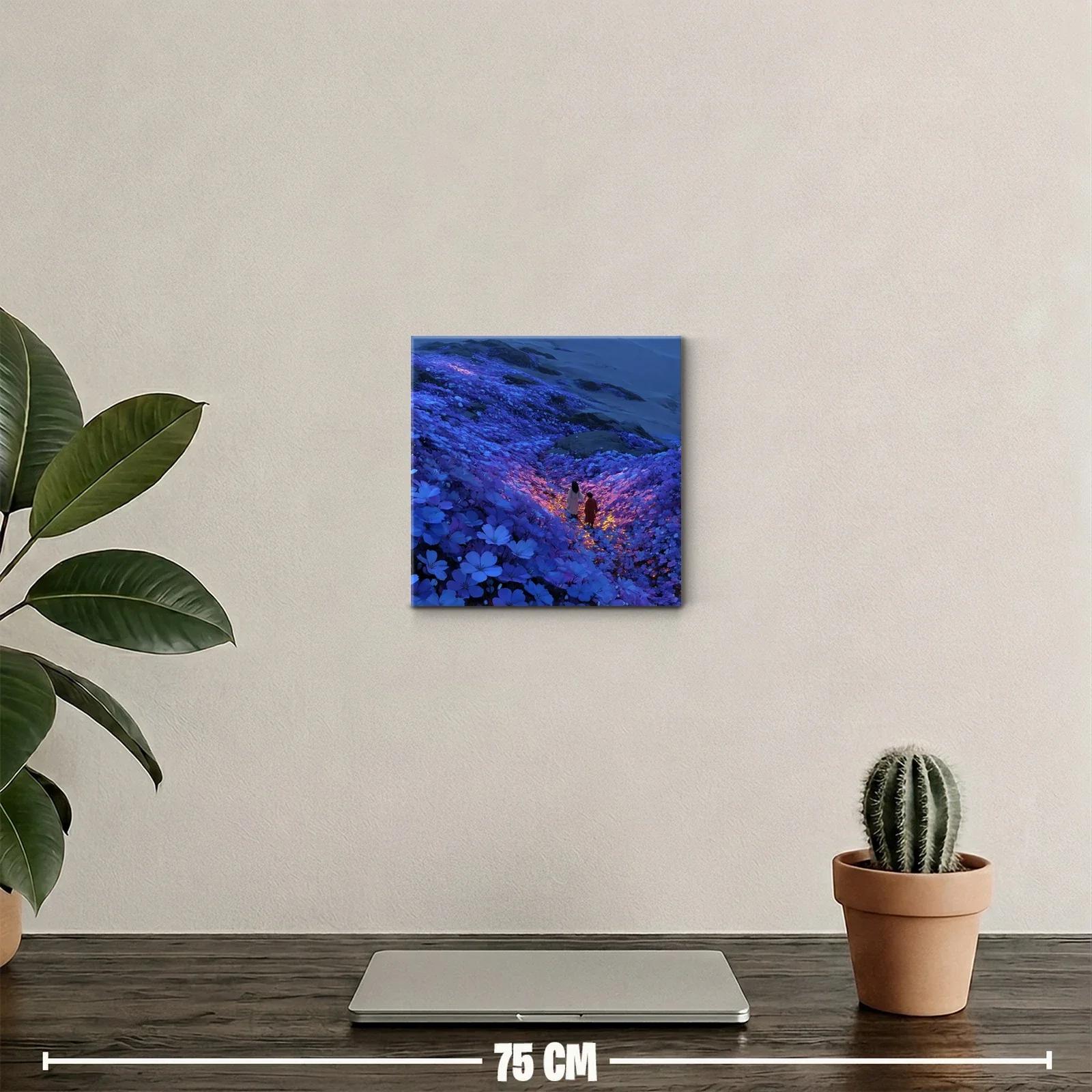 Camino rodeado de flores azules con luces doradas — miniatura 2