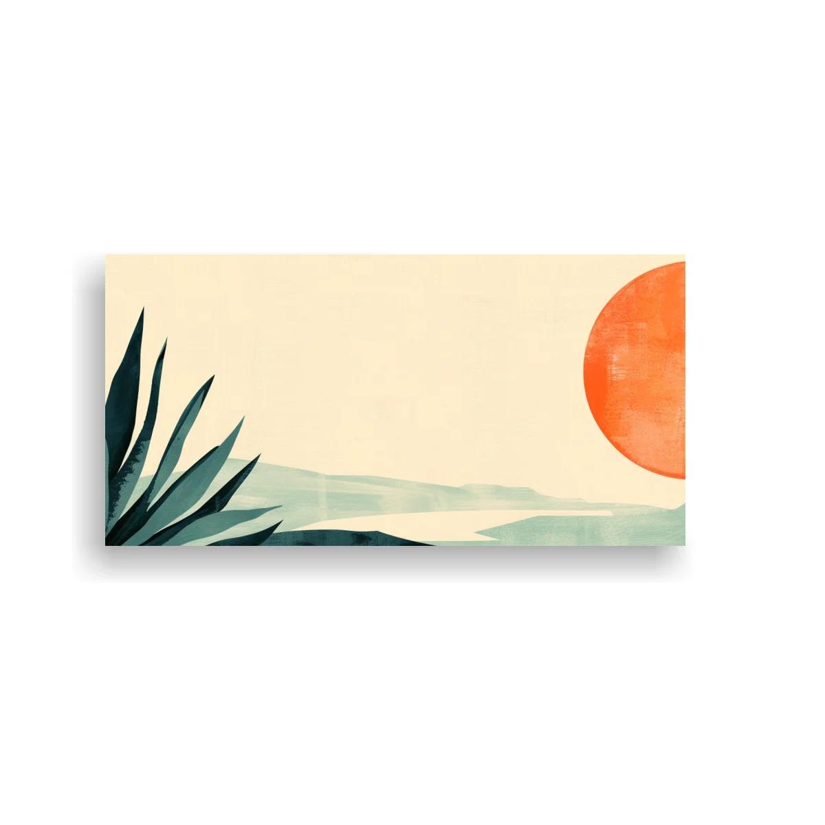 Cuadro sol naranja sobre paisaje desértico con agave
