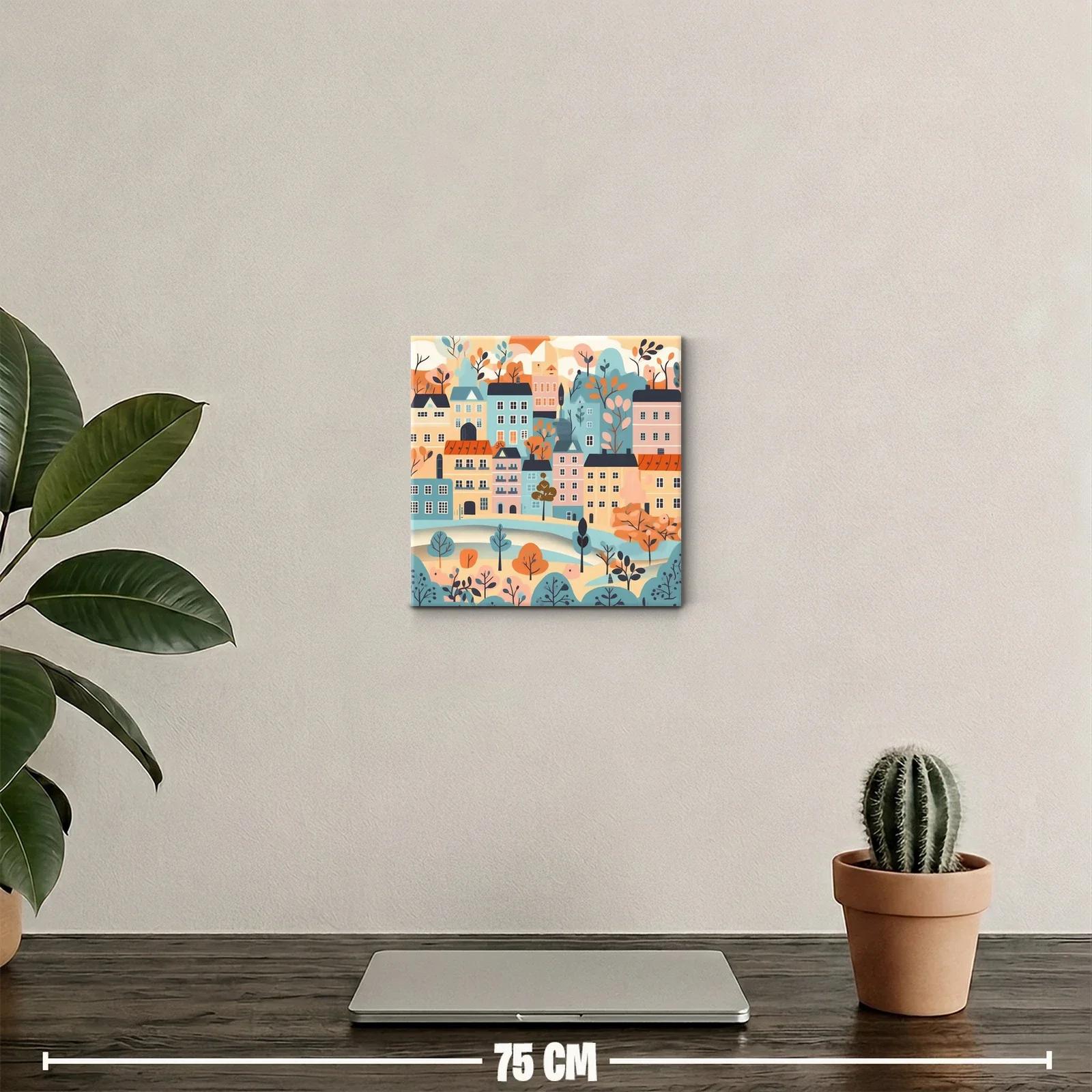 Paisaje urbano colorido con casas y árboles estilizados — miniatura 2