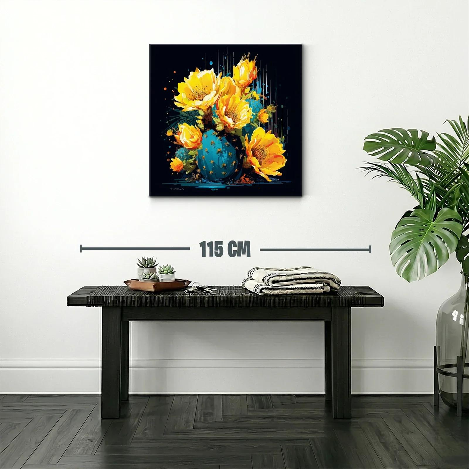 Cuadro moderno con flores amarillas y cactus azul vibrante — miniatura 2