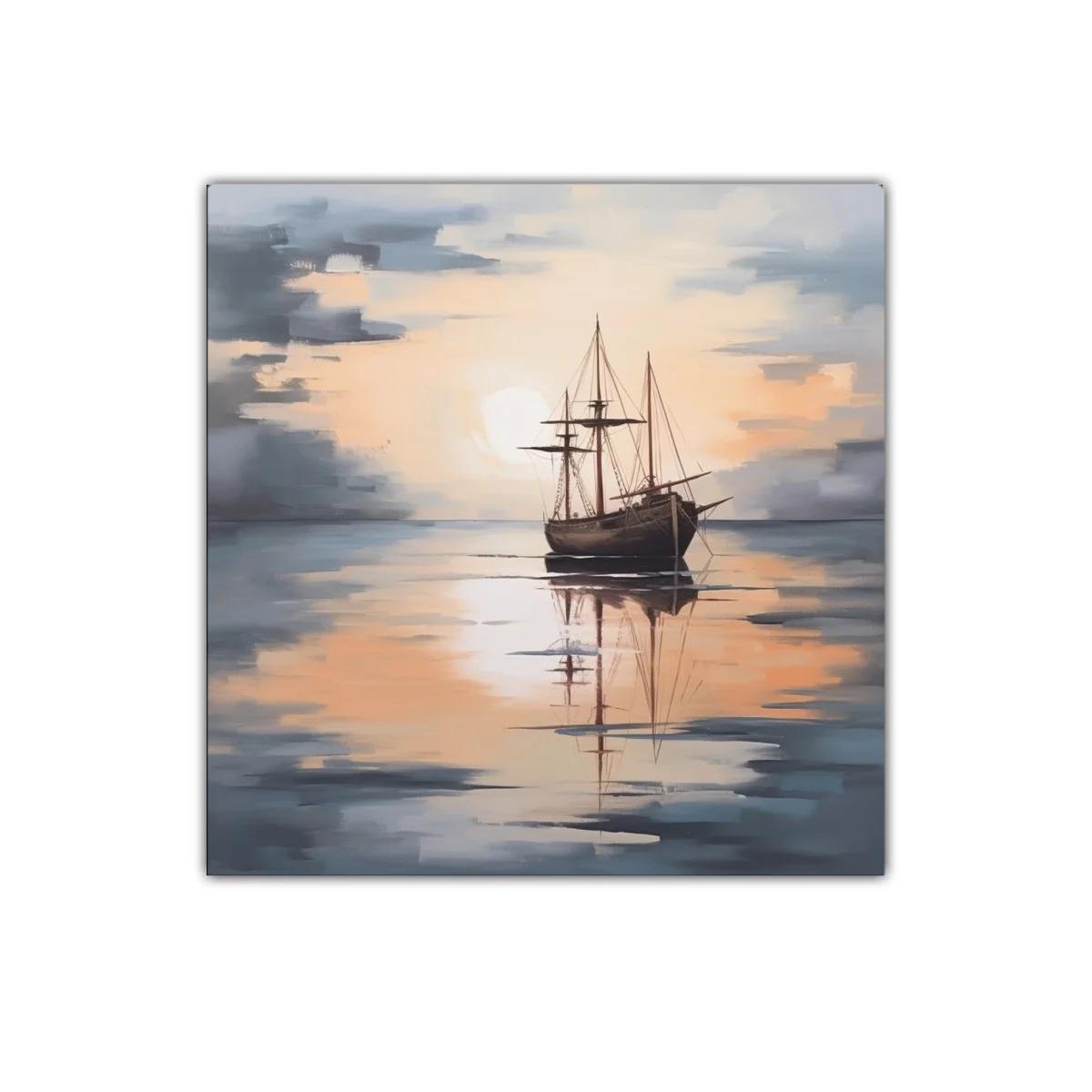 Barco antiguo en calma al atardecer reflejado en el agua — imagen principal