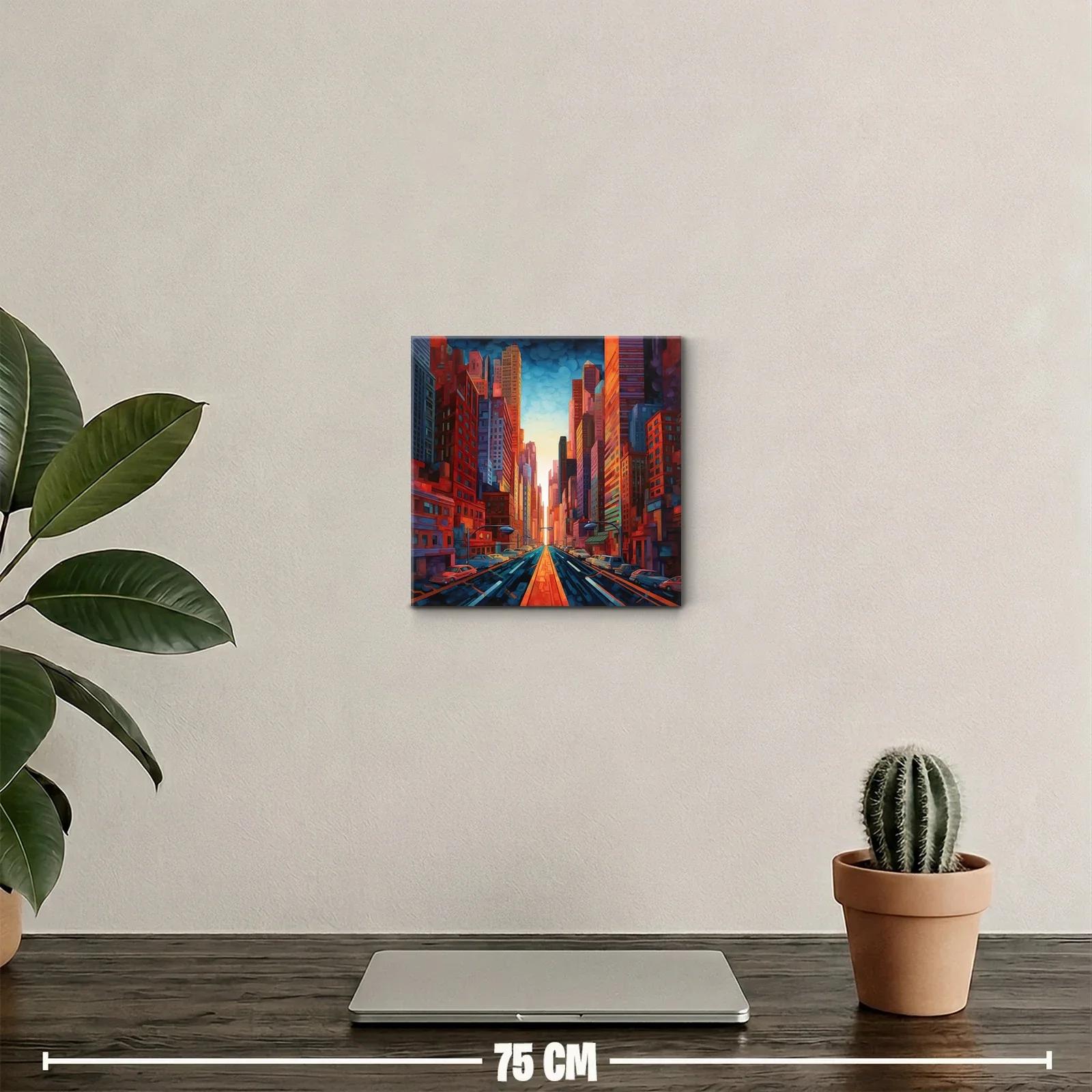 Cuadro urbano con arquitectura vibrante y luz cálida al atardecer — miniatura 2
