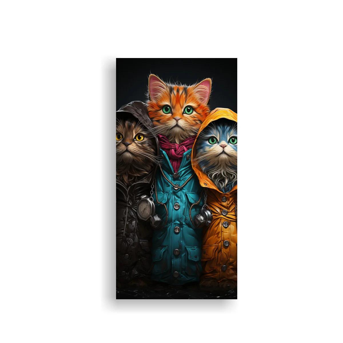 Cuadro tres gatos con impermeables de colores — imagen principal
