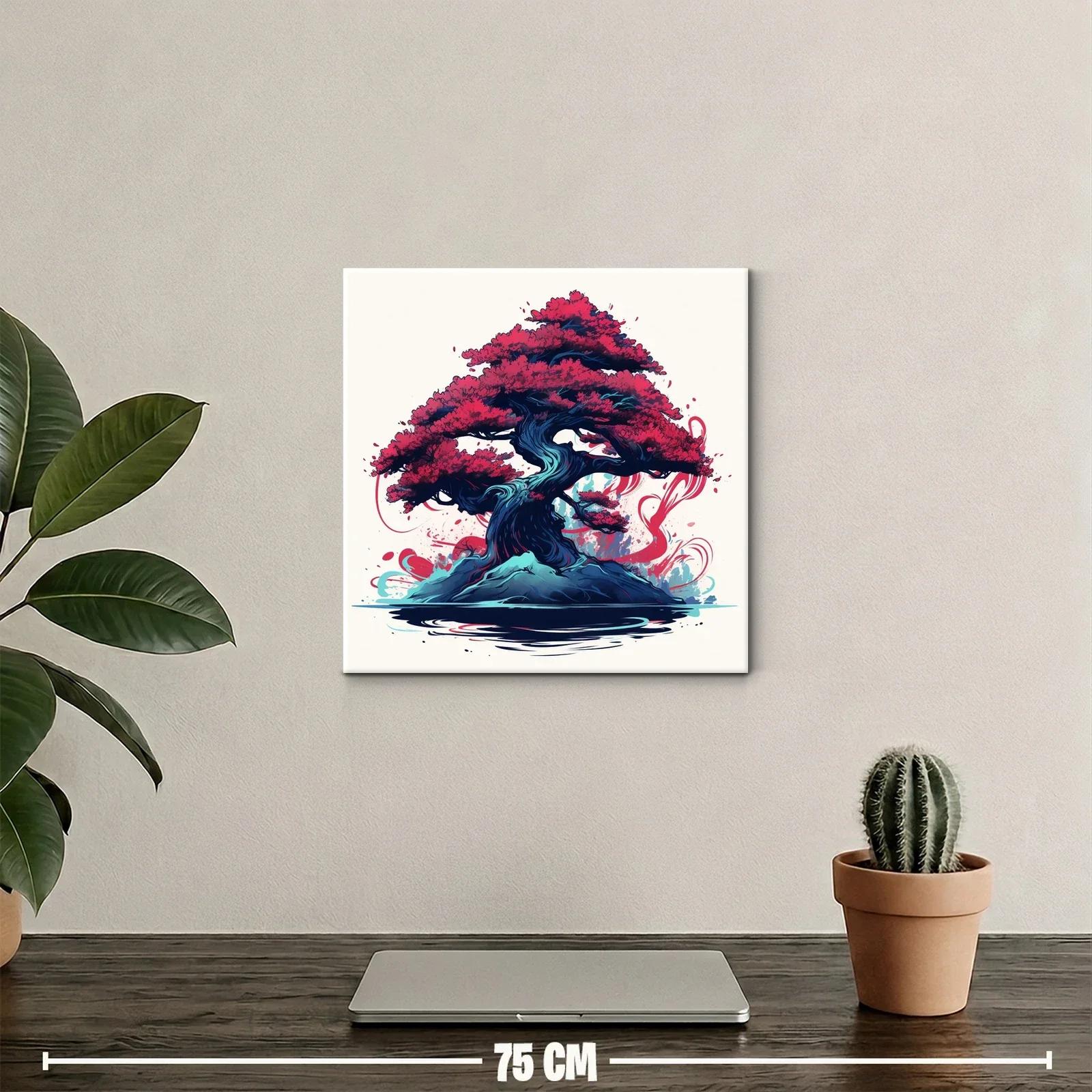 Árbol bonsái vibrante con follaje rojo intenso y base azul — miniatura 2