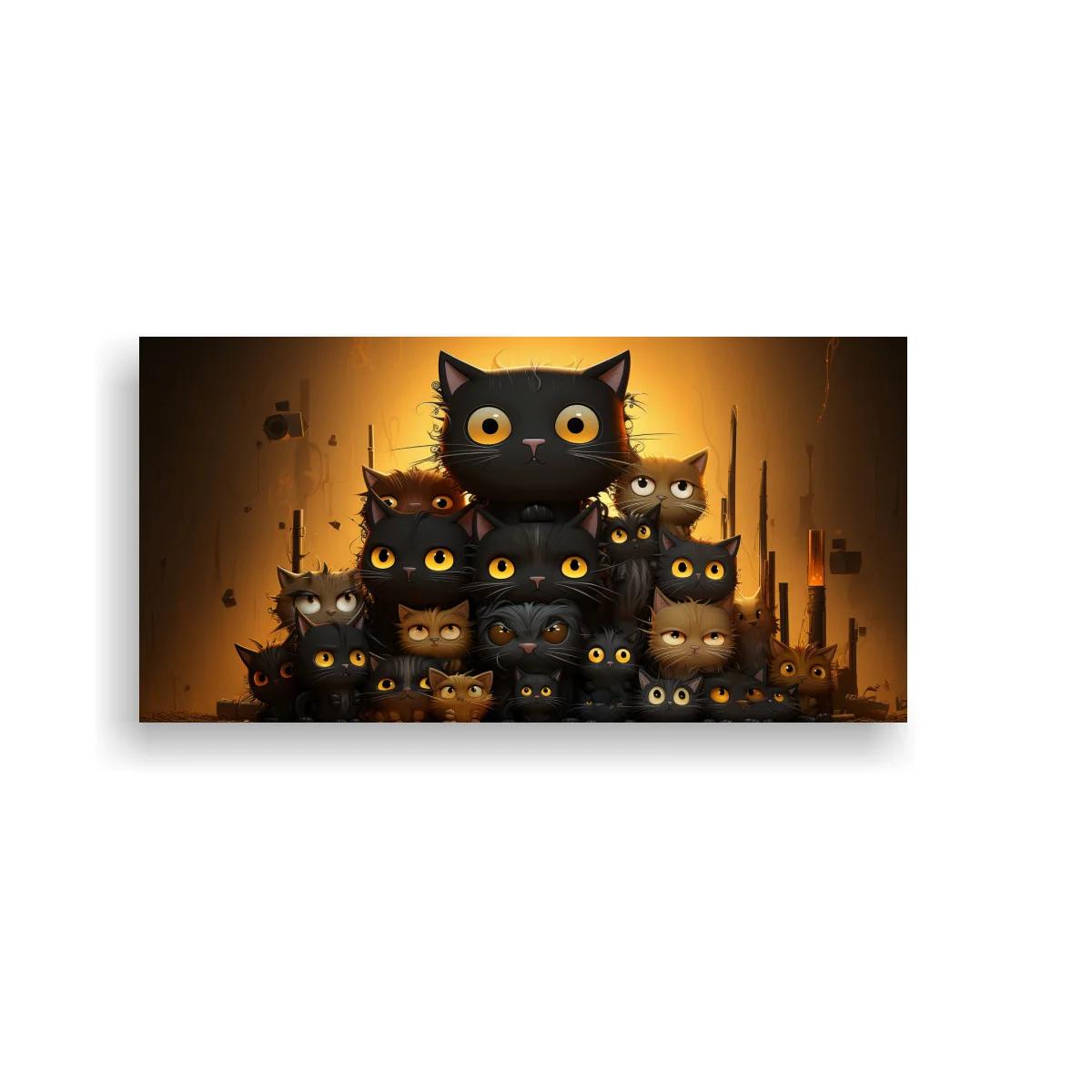 Cuadro grupo de gatos negros de ojos amarillos con fondo ámbar