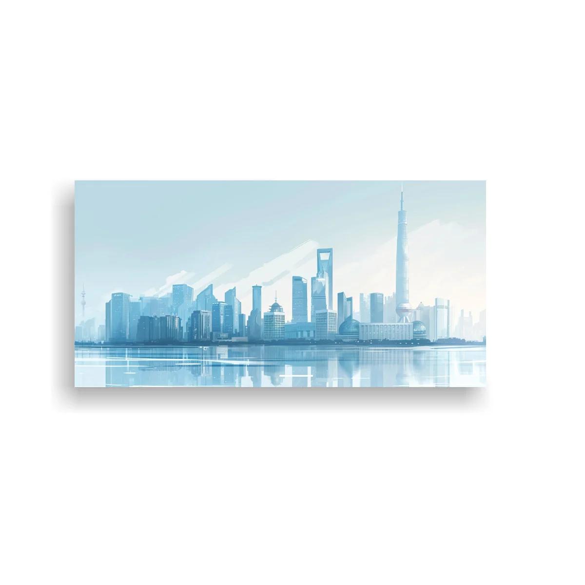Cuadro skyline urbano con reflejo en agua tranquila