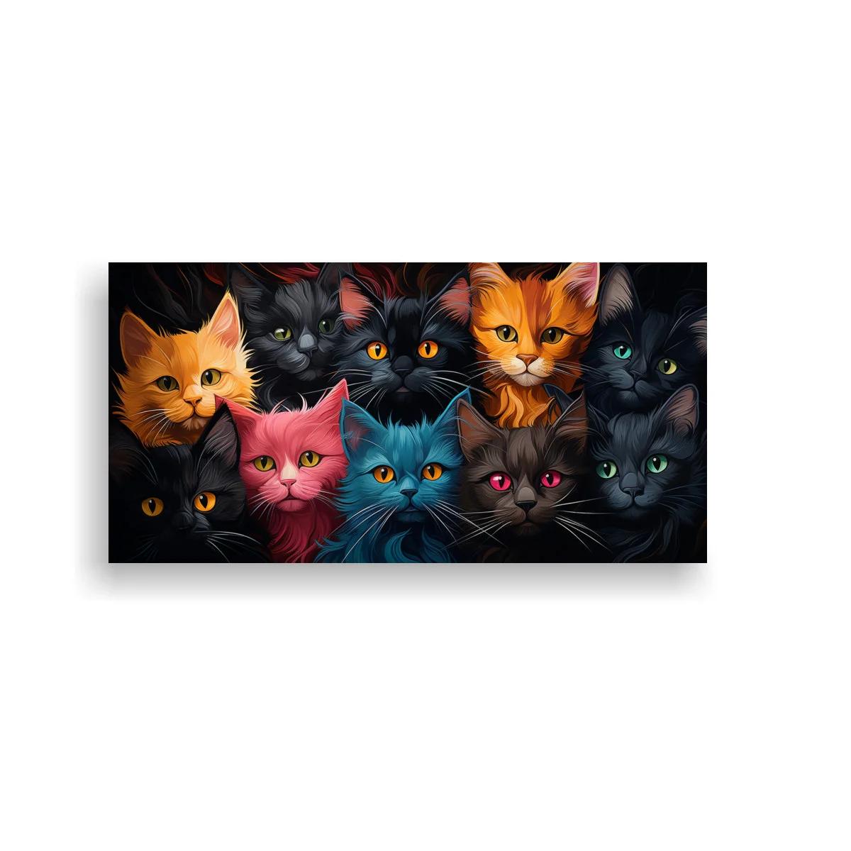 Cuadro grupo de gatos coloridos sobre fondo oscuro