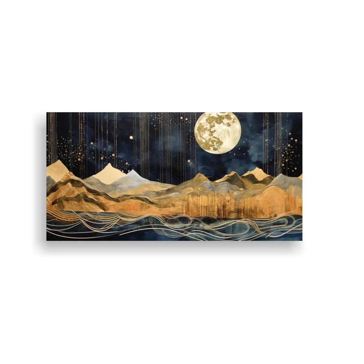 Cuadro paisaje montañoso con luna llena y líneas fluidas doradas