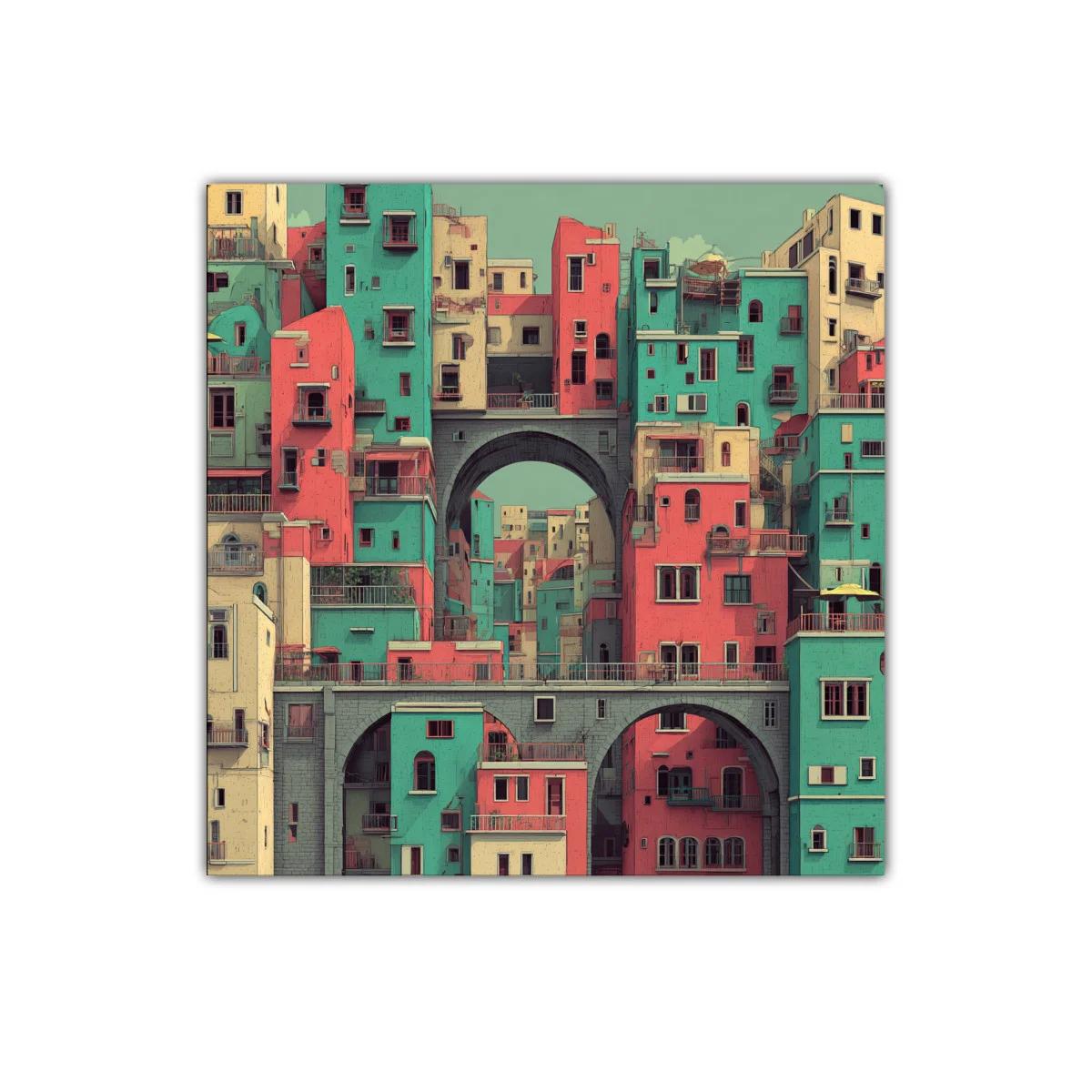 Ciudad estilizada con arcos y bloques coloridos — imagen principal