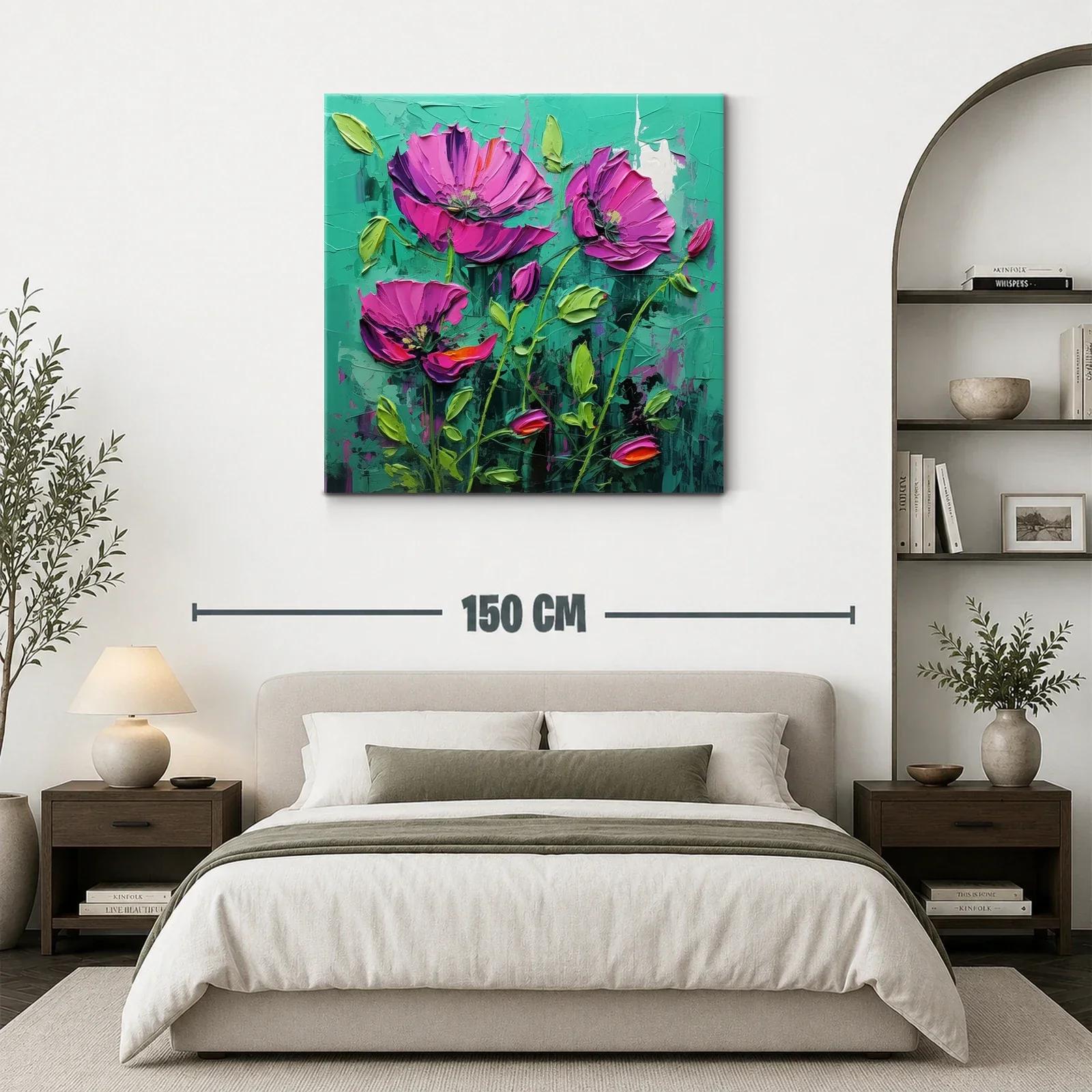 Cuadro con flores fucsias vibrantes sobre fondo verde — miniatura 3
