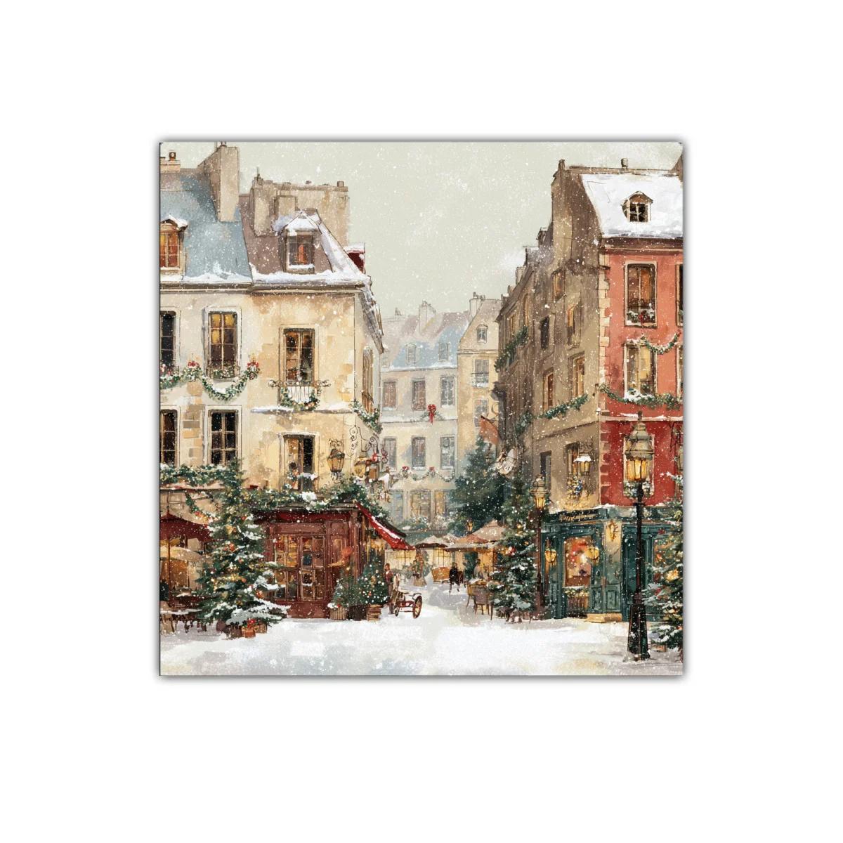 Escena urbana nevada con decoraciones navideñas y luces cálidas — imagen principal