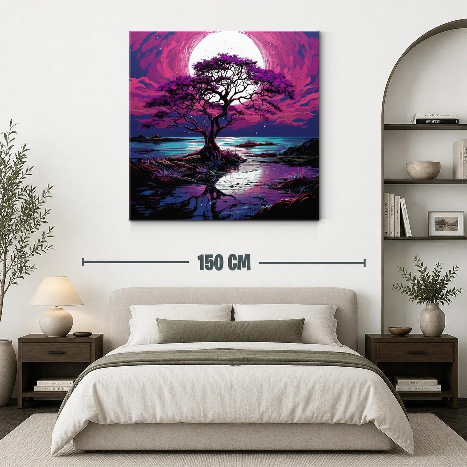 Árbol solitario bajo la luna en tonos morados y azules — miniatura 3