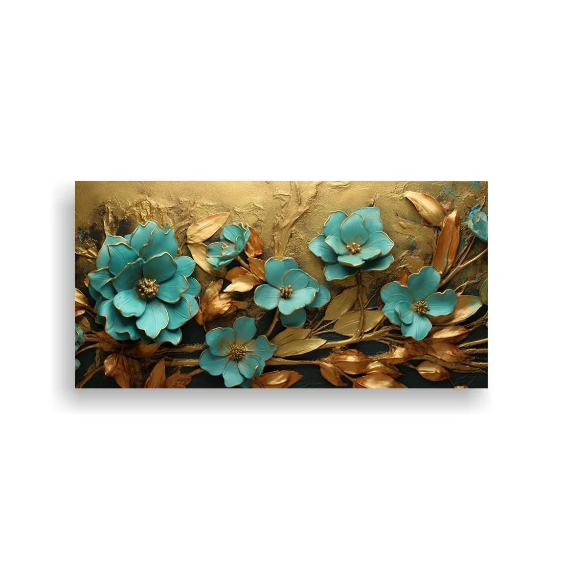 Cuadro flores azules con hojas doradas