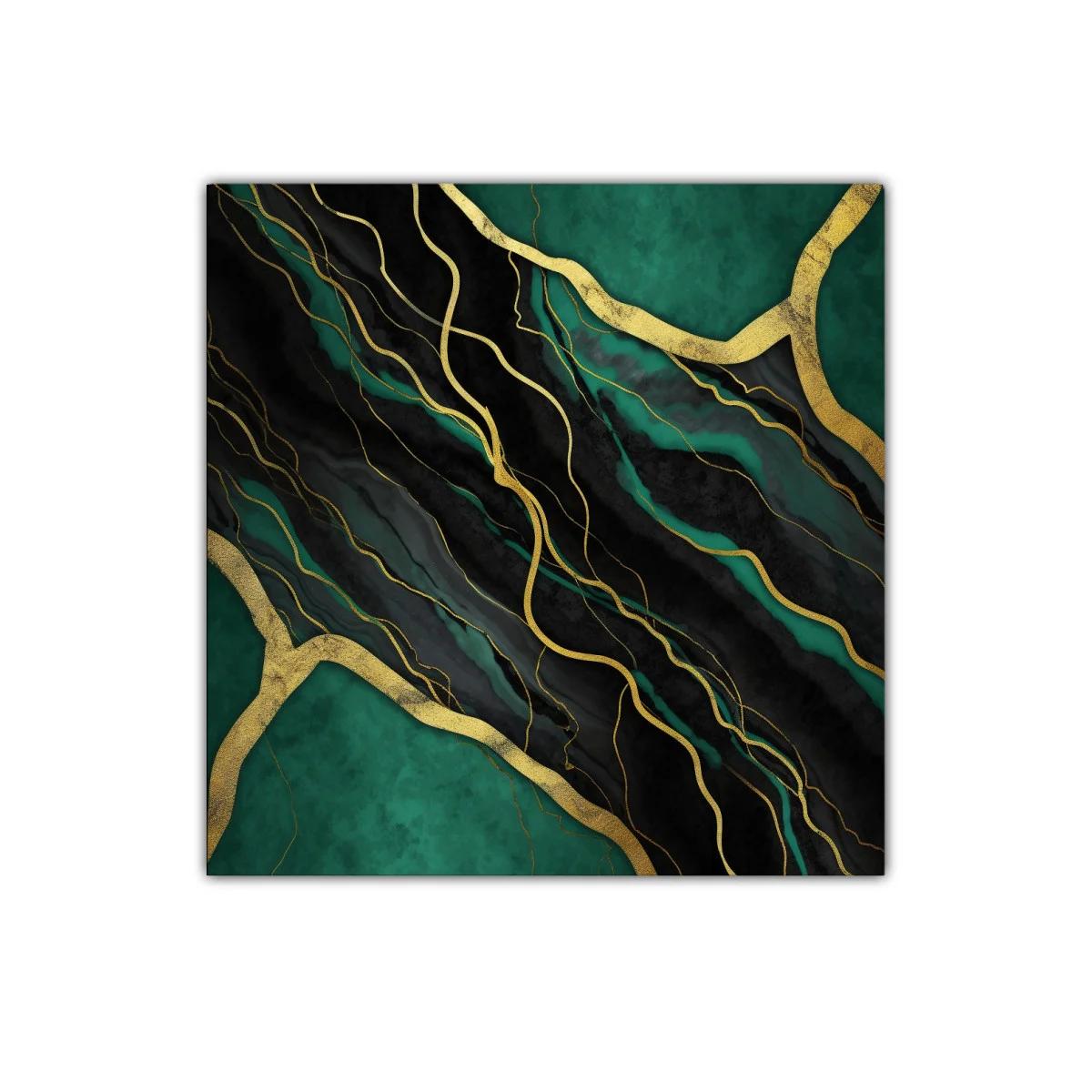 Cuadro abstracto en negro y verde con detalles dorados