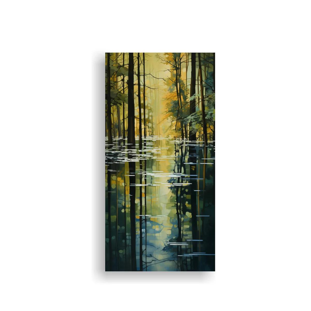 Cuadro bosque junto al agua con reflejos alargados