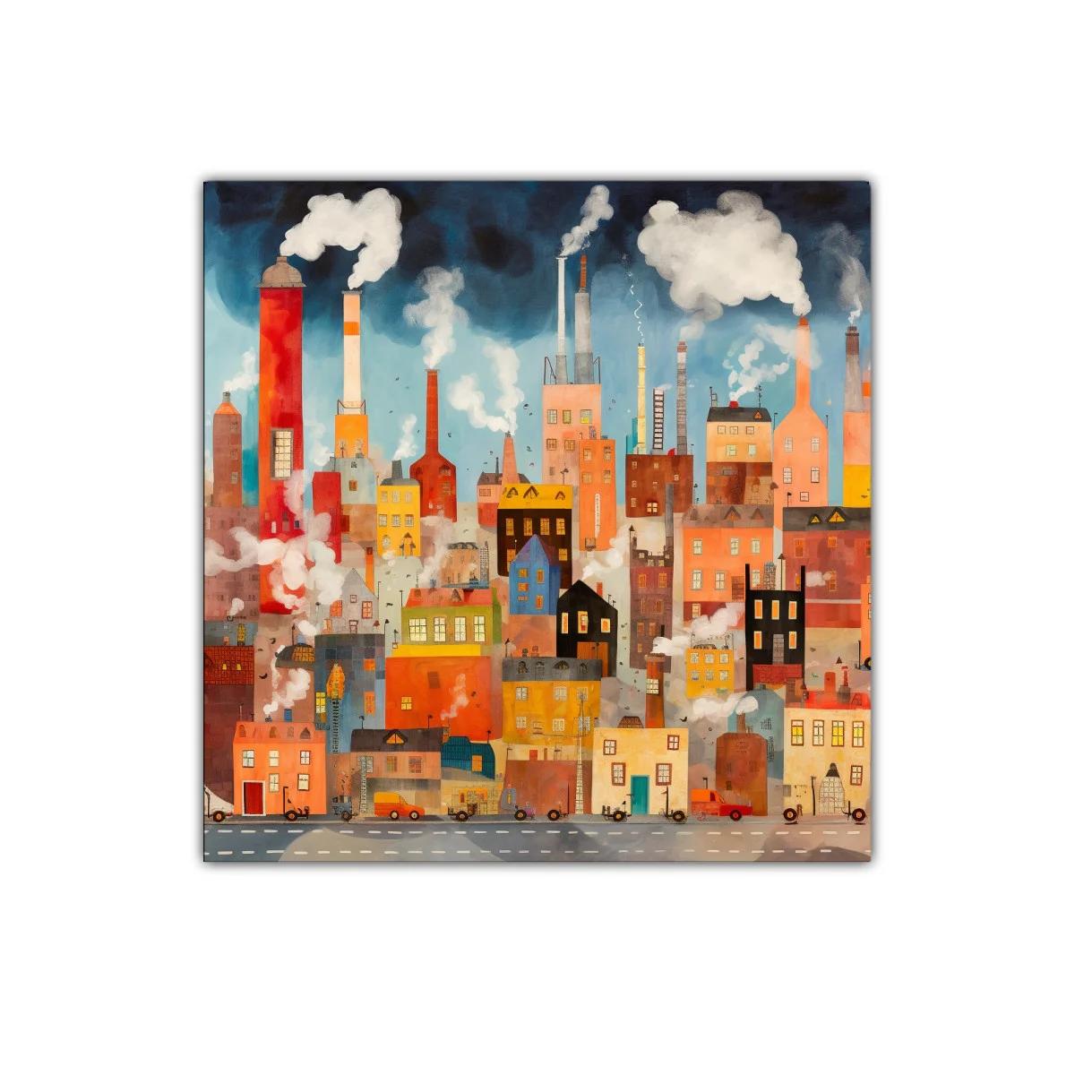 Ciudad industrial con chimeneas y humo en tonos cálidos — imagen principal